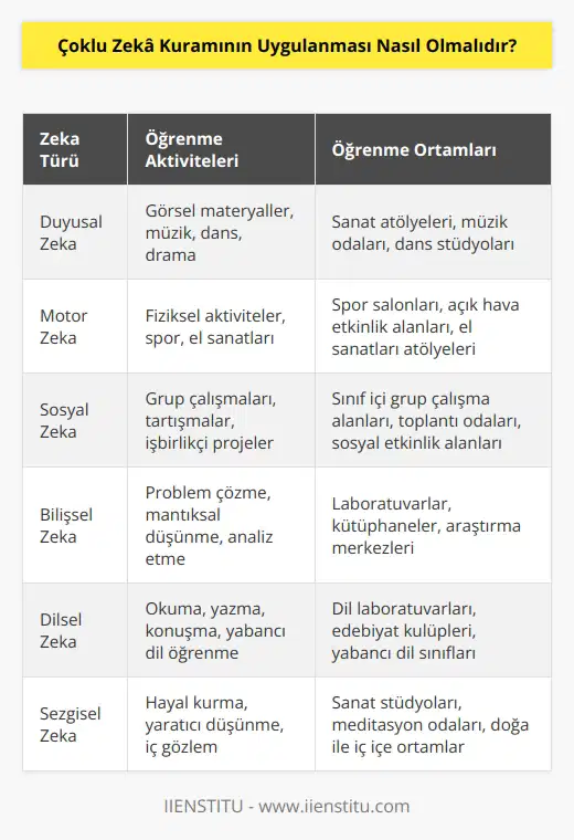 Çoklu zekâ kuramının uygulanması, öğrencinin çeşitli zekâ türlerini kullanarak   sini teşvik etmek için kullanılan kuramsal bir yaklaşımdır. Öğrencilere farklı   ni kullanarak öğrenmeöğrenmeöğrenmeye teşvik etmek için, öğretmenler öğrenmeöğrenmeöğrenme süreçlerinde öğrencilerin kişiliklerini ve öğrenmeöğrenme  nı dikkate almalıdır. Öğretmenler, öğrencilerin duyusal, motor, sosyal, bilişsel, dilsel ve intuitif zekâlarının kullanımını teşvik edebilirler. Öğretmenler, öğrencilere çoklu zekâ kuramının kullanımını öğretmek için farklı türlerdeki öğrenmeöğrenmeöğrenme aktivitelerini kullanabilirler. Örneğin, öğrencilere konuya ilişkin bir problemi çözmek için çoklu zekâ kuramının bileşenlerini kullanmaları sağlanabilir. Ayrıca, öğretmenler, öğrencilerin çoklu zekâ kuramının kullanımını desteklemek için çeşitli öğrenmeöğrenmeöğrenme ortamları kurabilirler. Öğrencilere, çoklu zekâ kuramının uygulanmasıyla başarılı bir şekilde öğrenmeöğrenmeöğrenmeye teşvik edebilmek için, öğretmenler özellikle kendi öğrenmeöğrenmenı kullanmak üzere tasarlanmış öğrenmeöğrenmeöğrenme ortamları oluşturmalıdır.