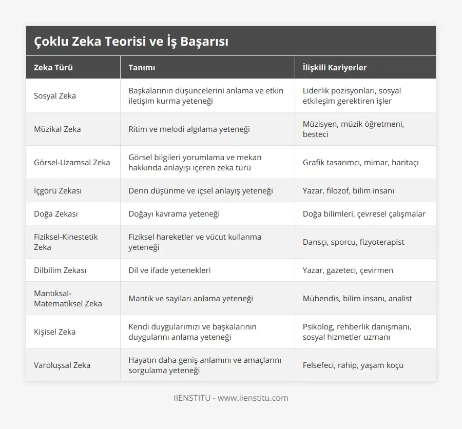 Sosyal Zeka, Başkalarının düşüncelerini anlama ve etkin iletişim kurma yeteneği, Liderlik pozisyonları, sosyal etkileşim gerektiren işler, Müzikal Zeka, Ritim ve melodi algılama yeteneği, Müzisyen, müzik öğretmeni, besteci, Görsel-Uzamsal Zeka, Görsel bilgileri yorumlama ve mekan hakkında anlayışı içeren zeka türü, Grafik tasarımcı, mimar, haritaçı, İçgörü Zekası, Derin düşünme ve içsel anlayış yeteneği, Yazar, filozof, bilim insanı, Doğa Zekası, Doğayı kavrama yeteneği, Doğa bilimleri, çevresel çalışmalar, Fiziksel-Kinestetik Zeka, Fiziksel hareketler ve vücut kullanma yeteneği, Dansçı, sporcu, fizyoterapist, Dilbilim Zekası, Dil ve ifade yetenekleri, Yazar, gazeteci, çevirmen, Mantıksal-Matematiksel Zeka, Mantık ve sayıları anlama yeteneği, Mühendis, bilim insanı, analist, Kişisel Zeka, Kendi duygularımızı ve başkalarının duygularını anlama yeteneği, Psikolog, rehberlik danışmanı, sosyal hizmetler uzmanı, Varoluşsal Zeka, Hayatın daha geniş anlamını ve amaçlarını sorgulama yeteneği, Felsefeci, rahip, yaşam koçu