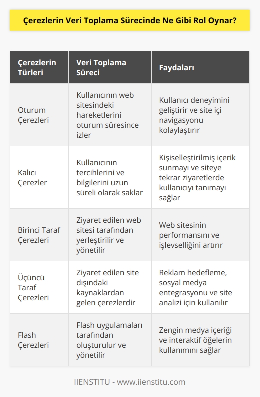 Çerezler, internet sitesi sahiplerinin veri toplama sürecini kolaylaştırmak için kullanılan küçük metin dosyalarıdır. Veri toplama sürecinde, çerezler web sitelerinde ziyaret edilen sayfalarının ve herhangi bir sayfaya gönderilen bilgilerin izlenmesine ve izlenen bilgilerin analiz edilmesine izin verir. Çerezler ayrıca, ziyaretçilerin web sitelerine ne zaman ve ne sıklıkla ziyaret ettiklerini ve hangi sayfaları ziyaret ettiklerini de izleyebilir. Bu bilgiler, web siteleri sahiplerinin, ziyaretçilerinin web sitelerindeki etkileşimlerini nasıl geliştirebileceklerini ve hangi öğelerin etkili olduğunu anlamalarına yardımcı olur.