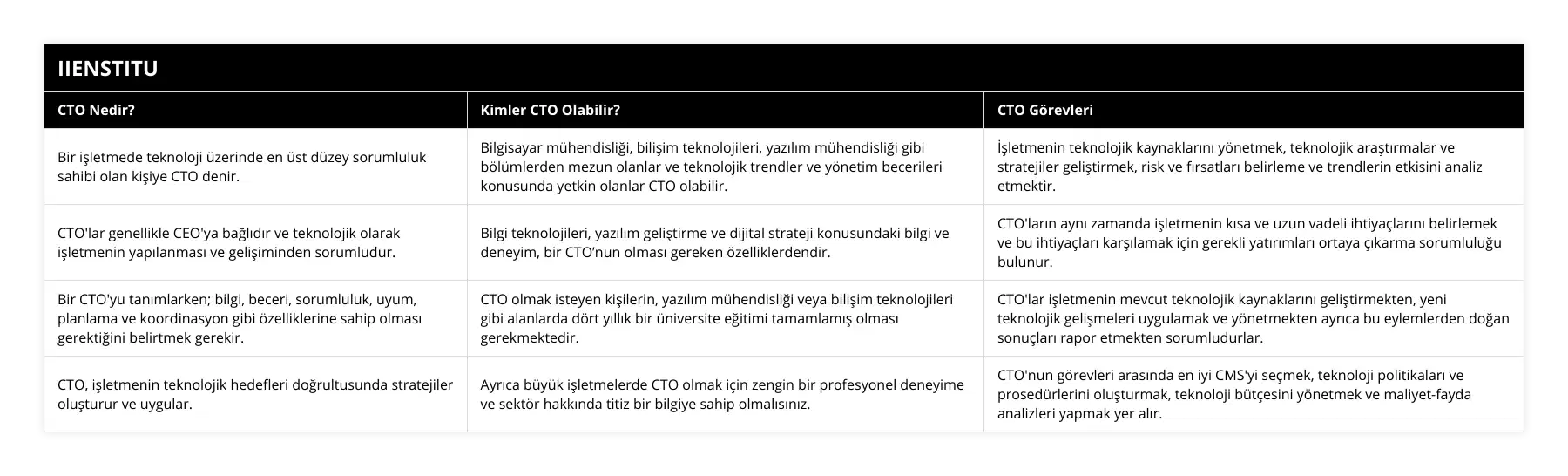 Bir işletmede teknoloji üzerinde en üst düzey sorumluluk sahibi olan kişiye CTO denir, Bilgisayar mühendisliği, bilişim teknolojileri, yazılım mühendisliği gibi bölümlerden mezun olanlar ve teknolojik trendler ve yönetim becerileri konusunda yetkin olanlar CTO olabilir, İşletmenin teknolojik kaynaklarını yönetmek, teknolojik araştırmalar ve stratejiler geliştirmek, risk ve fırsatları belirleme ve trendlerin etkisini analiz etmektir, CTO'lar genellikle CEO'ya bağlıdır ve teknolojik olarak işletmenin yapılanması ve gelişiminden sorumludur, Bilgi teknolojileri, yazılım geliştirme ve dijital strateji konusundaki bilgi ve deneyim, bir CTO’nun olması gereken özelliklerdendir, CTO'ların aynı zamanda işletmenin kısa ve uzun vadeli ihtiyaçlarını belirlemek ve bu ihtiyaçları karşılamak için gerekli yatırımları ortaya çıkarma sorumluluğu bulunur, Bir CTO'yu tanımlarken; bilgi, beceri, sorumluluk, uyum, planlama ve koordinasyon gibi özelliklerine sahip olması gerektiğini belirtmek gerekir, CTO olmak isteyen kişilerin, yazılım mühendisliği veya bilişim teknolojileri gibi alanlarda dört yıllık bir üniversite eğitimi tamamlamış olması gerekmektedir, CTO'lar işletmenin mevcut teknolojik kaynaklarını geliştirmekten, yeni teknolojik gelişmeleri uygulamak ve yönetmekten ayrıca bu eylemlerden doğan sonuçları rapor etmekten sorumludurlar, CTO, işletmenin teknolojik hedefleri doğrultusunda stratejiler oluşturur ve uygular, Ayrıca büyük işletmelerde CTO olmak için zengin bir profesyonel deneyime ve sektör hakkında titiz bir bilgiye sahip olmalısınız, CTO'nun görevleri arasında en iyi CMS'yi seçmek, teknoloji politikaları ve prosedürlerini oluşturmak, teknoloji bütçesini yönetmek ve maliyet-fayda analizleri yapmak yer alır