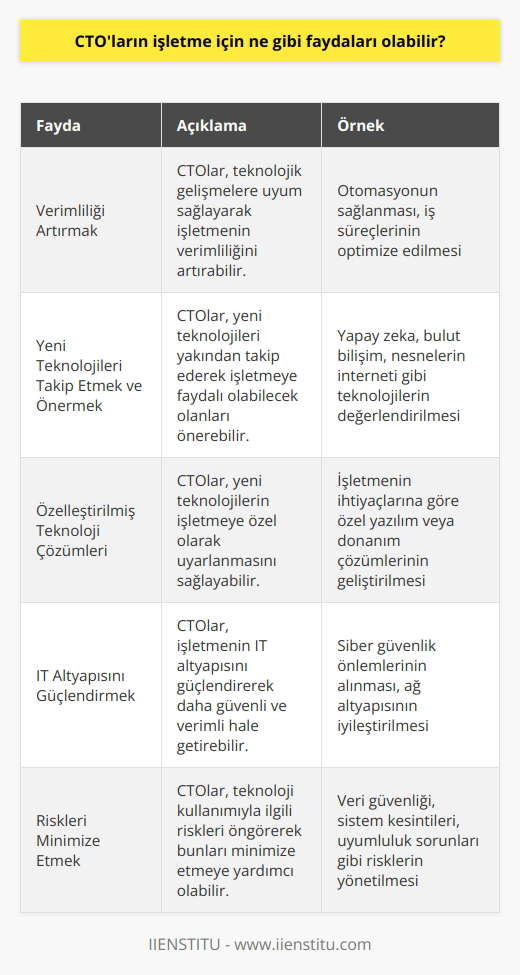 CTOlar işletme için önemli faydalar sağlayabilir. Bunlar arasında, teknolojik gelişmelere uyum sağlayarak işletmenin verimliliğini artırmak, yeni teknolojileri takip etmek ve önermek, yeni teknolojilerin işletmeye özel olarak uyarlanmasını sağlamak, IT altyapısını güçlendirmek, işletme çözümlerinin stratejik kullanımını teşvik etmek ve riskleri minimize etmek yer almaktadır. CTOlar ayrıca işletmeye uygun teknolojileri bulmak ve bunların kullanımını teşvik etmek için kullanılabilir.