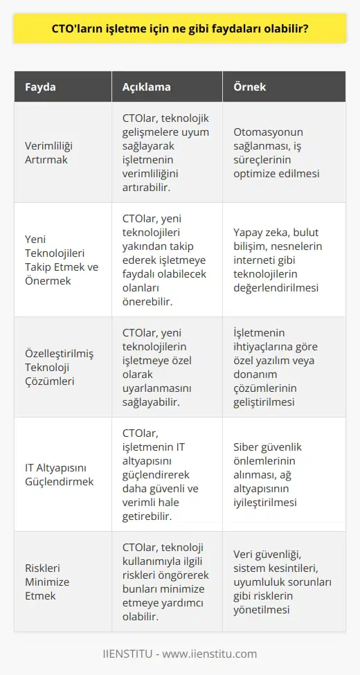 CTOlar işletme için önemli faydalar sağlayabilir. Bunlar arasında, teknolojik gelişmelere uyum sağlayarak işletmenin verimliliğini artırmak, yeni teknolojileri takip etmek ve önermek, yeni teknolojilerin işletmeye özel olarak uyarlanmasını sağlamak, IT altyapısını güçlendirmek, işletme çözümlerinin stratejik kullanımını teşvik etmek ve riskleri minimize etmek yer almaktadır. CTOlar ayrıca işletmeye uygun teknolojileri bulmak ve bunların kullanımını teşvik etmek için kullanılabilir.