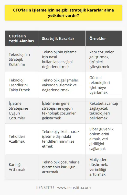 CTOlar teknolojinin stratejik yönden nasıl kullanılabileceğini değerlendirerek işletme için alma yetkisine sahiptir. CTOlar, teknolojiyi yeni çözümler geliştirmek, yeni ürünler çıkarmak veya mevcut ürünleri iyileştirmek için kullanmak, teknolojiyi yakından izlemek ve izlemek ve işletme stratejisine uygun teknolojik çözümler geliştirmek için kullanmak, teknolojiyi kullanarak işletme dışındaki tehditleri azaltmak ve işletme için karlılığı arttırmak gibi konularda almak için yetkilendirilmiştir.