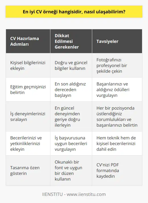 Direkt olarak en iyi cv örneği bu, al ve kendine göre tekrar tasarla denilebilecek bir örnek yok. Kendiniz için özel olarak hazırlayın, sizin emeğiniz olsun. Üzerinde farklı kariyer portallarının ismi yazmadığında emek harcadığınız belli olacaktır.