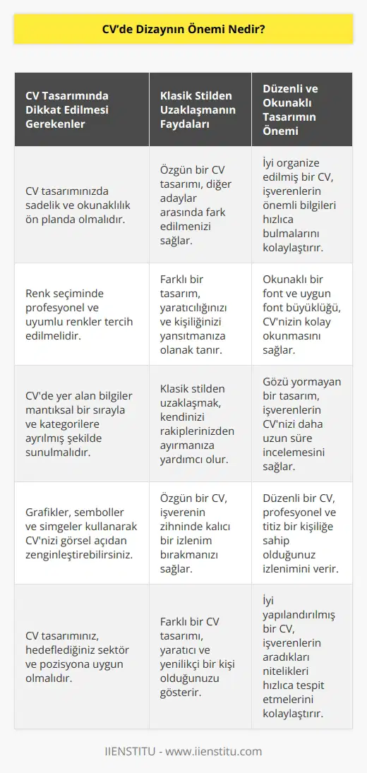 Klasik stilden uzak bir CVye sahipseniz akılda kalıcılığınızı arttırabilirsiniz. Göz yorucu bir tasarımdan uzak, düzenli ve    bir dizayn sizi bir adım öne geçirecektir.