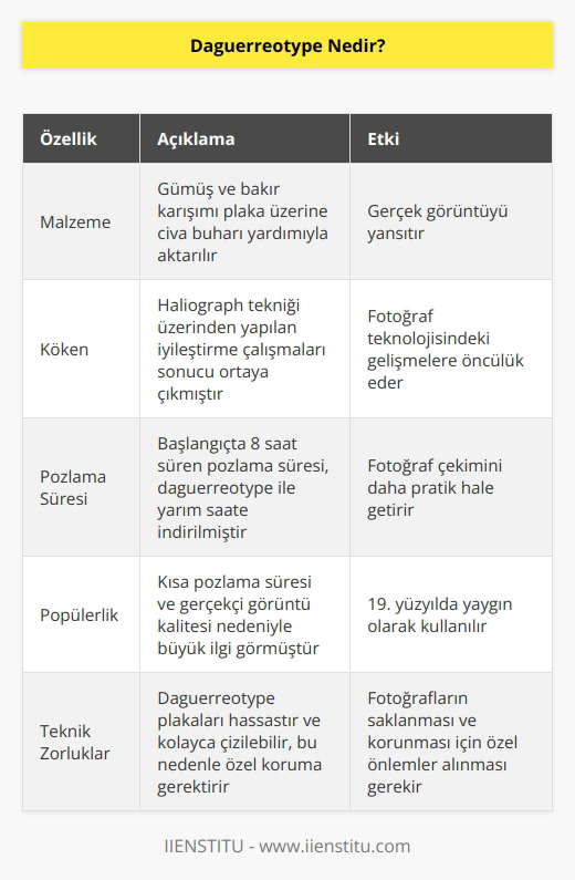 Daguerreotype en basit haliyle gümüş ve bakır karışımı bir plaka üzerine cıva buharı yardımıyla aktarılan gerçek görüntüdür. İlk fotoğraf tekniği olan haliograph üzerinden yapılan iyileştirme çalışmaları sırasında oluşan yeni bir tekniktir. 8 saat süren pozlama süresini yarım saate indirmiş ve büyük ilgi görmüştür.