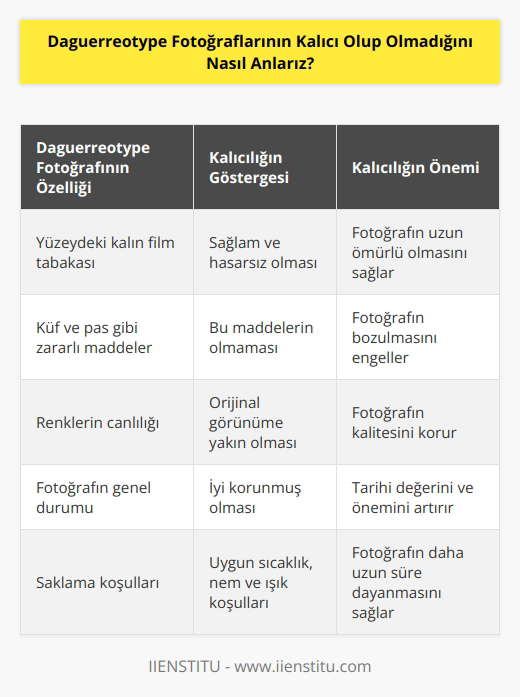 Daguerreotype fotoğraflarının kalıcı olup olmadığını anlamak için, fotoğrafın yüzeyindeki kalın film tabakasının durumuna ve fotoğrafın üzerinde oluşmuş küf ve pas gibi zararlı maddelerin varlığına bakılır. Bunların olmaması, fotoğrafın kalıcı ve dayanıklı olduğunu gösterir. Ayrıca, fotoğrafın renklerinin açık kalması ve orijinal görünümüne yakın olması da fotoğrafın kalıcı olduğunun bir işaretidir.