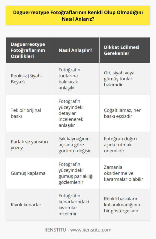 Daguerreotype fotoğrafları renkli değildir. Bunu anlamak için, kareyi veya baskıyı incelemek gerekir. Daguerreotype fotoğraflarının renkli olup olmadığını anlamak için, fotoğrafın tonlarının gri, siyah veya gümüş olup olmadığını kontrol etmek önemlidir. Renkli baskıların kullanılmadığının bir göstergesi olarak, fotoğrafın kenarlarının kıvrık olması da kullanılabilir.