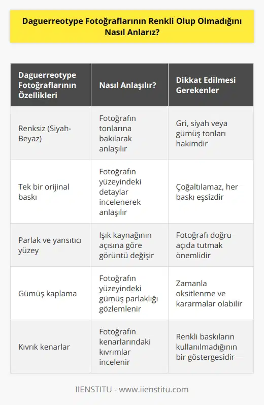 Daguerreotype fotoğrafları renkli değildir. Bunu anlamak için, kareyi veya baskıyı incelemek gerekir. Daguerreotype fotoğraflarının renkli olup olmadığını anlamak için, fotoğrafın tonlarının gri, siyah veya gümüş olup olmadığını kontrol etmek önemlidir. Renkli baskıların kullanılmadığının bir göstergesi olarak, fotoğrafın kenarlarının kıvrık olması da kullanılabilir.