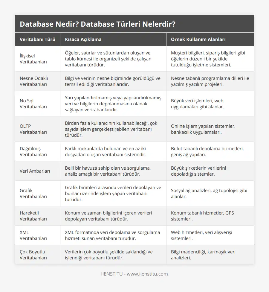İlişkisel Veritabanları, Öğeler, satırlar ve sütunlardan oluşan ve tablo kümesi ile organizeli şekilde çalışan veritabanı türüdür, Müşteri bilgileri, sipariş bilgileri gibi öğelerin düzenli bir şekilde tutulduğu işletme sistemleri, Nesne Odaklı Veritabanları, Bilgi ve verinin nesne biçiminde görüldüğü ve temsil edildiği veritabanlarıdır, Nesne tabanlı programlama dilleri ile yazılmış yazılım projeleri, No Sql Veritabanları, Yarı yapılandırılmamış veya yapılandırılmamış veri ve bilgilerin depolanmasına olanak sağlayan veritabanlarıdır, Büyük veri işlemleri, web uygulamaları gibi alanlar, OLTP Veritabanları, Birden fazla kullanıcının kullanabileceği, çok sayıda işlem gerçekleştirebilen veritabanı türüdür, Online işlem yapılan sistemler, bankacılık uygulamaları, Dağıtılmış Veritabanları, Farklı mekanlarda bulunan ve en az iki dosyadan oluşan veritabanı sistemidir, Bulut tabanlı depolama hizmetleri, geniş ağ yapıları, Veri Ambarları, Belli bir havuza sahip olan ve sorgulama, analiz amaçlı bir veritabanı türüdür, Büyük şirketlerin verilerini depoladığı sistemler, Grafik Veritabanları, Grafik birimleri arasında verileri depolayan ve bunlar üzerinde işlem yapan veritabanı türüdür, Sosyal ağ analizleri, ağ topolojisi gibi alanlar, Hareketli Veritabanları, Konum ve zaman bilgilerini içeren verileri depolayan veritabanı türüdür, Konum tabanlı hizmetler, GPS sistemleri, XML Veritabanları, XML formatında veri depolama ve sorgulama hizmeti sunan veritabanı türüdür, Web hizmetleri, veri alışverişi sistemleri, Çok Boyutlu Veritabanları, Verilerin çok boyutlu şekilde saklandığı ve işlendiği veritabanı türüdür, Bilgi madenciliği, karmaşık veri analizleri