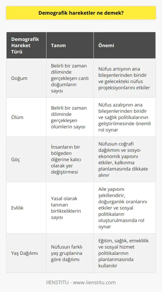 Demografik hareketler, genellikle nüfus biliminin bir alt dalı olarak adlandırılır ve bir bölgenin veya ülkenin nüfus yapısındaki değişiklikleri inceler. Bu hareketler genellikle doğum, ölüm, göç ve evlilik etkenlerine bağlı olarak gerçekleşir. Özellikle göç hareketlilikleri, demografik hareketlerin en önemli konularından biri olarak kabul edilir. Demografik hareketlerin analizi, bir bölgenin veya ülkenin toplumsal ve ekonomik yapısının anlaşılmasına, sosyolojik ve ekonomik tahminlerin yapılmasına imkan sağlar. Bu dinamikler, nüfusun değişiminde ve yönlenmesinde önemli bir rol oynar. Demografik hareketliliklerin incelenmesi birçok disiplinle ortak çalışmayı gerektirir. Örneğin; belirli bir dönemde göç eden insanların sayısını belirlemek için tarih bilgisi, nüfus hareketlerinin coğrafi dağılımını anlamak için coğrafya bilgisi gereklidir. Demografi, nüfusun yenilenme ya da yenilenmeme durumlarını incelerken, yapılan nüfus sayımlarını ve elde edilen verileri detaylı olarak inceler. Nüfusun miktarı, cinsiyeti, yaş gruplarına göre dağılımı, eğitim durumu ve daha birçok bilgi nüfus sayımları ile elde edilen değerli bilgiler arasındadır. Özetle, demografik hareketler, nüfusun doğum, ölüm, evlilik ve göç gibi değişkenlere göre zamana ve mekana bağlı değişimlerini inceler. Bu süreç, toplumun sosyal ve ekonomik yapısının anlaşılmasını kolaylaştırır ve potansiyel gelişim öngörülerinin yapılmasına yardımcı olur. Bu nedenle, demografik hareketliliklerin incelenmesi ve anlaşılması, toplumların ve bireylerin geleceği açısından son derece önemlidir. Bu ve benzer konuların ele alındığı demografi biliminin önemi, toplumların gelişim sürecindeki rolü ile noktalanmaktadır.