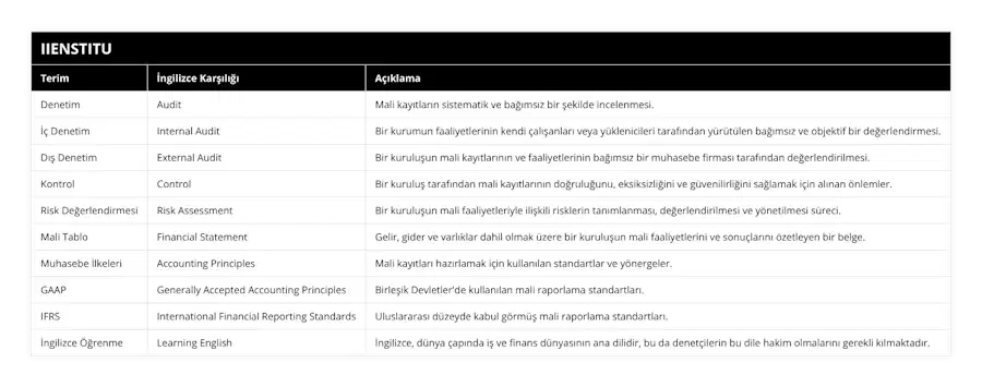 Denetim, Audit, Mali kayıtların sistematik ve bağımsız bir şekilde incelenmesi, İç Denetim, Internal Audit, Bir kurumun faaliyetlerinin kendi çalışanları veya yüklenicileri tarafından yürütülen bağımsız ve objektif bir değerlendirmesi, Dış Denetim, External Audit, Bir kuruluşun mali kayıtlarının ve faaliyetlerinin bağımsız bir muhasebe firması tarafından değerlendirilmesi, Kontrol, Control, Bir kuruluş tarafından mali kayıtlarının doğruluğunu, eksiksizliğini ve güvenilirliğini sağlamak için alınan önlemler, Risk Değerlendirmesi, Risk Assessment, Bir kuruluşun mali faaliyetleriyle ilişkili risklerin tanımlanması, değerlendirilmesi ve yönetilmesi süreci, Mali Tablo, Financial Statement, Gelir, gider ve varlıklar dahil olmak üzere bir kuruluşun mali faaliyetlerini ve sonuçlarını özetleyen bir belge, Muhasebe İlkeleri, Accounting Principles, Mali kayıtları hazırlamak için kullanılan standartlar ve yönergeler, GAAP, Generally Accepted Accounting Principles, Birleşik Devletler'de kullanılan mali raporlama standartları, IFRS, International Financial Reporting Standards, Uluslararası düzeyde kabul görmüş mali raporlama standartları, İngilizce Öğrenme, Learning English, İngilizce, dünya çapında iş ve finans dünyasının ana dilidir, bu da denetçilerin bu dile hakim olmalarını gerekli kılmaktadır