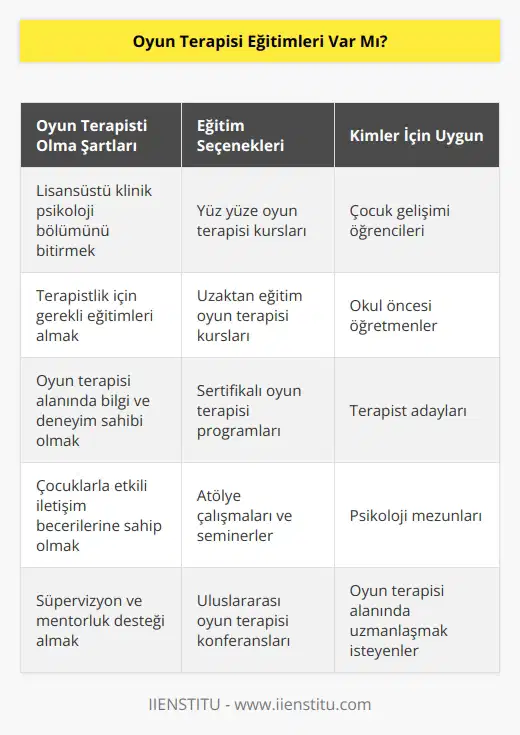 olmakla beraber, oyun terapisti olabilmek için bazı şartları yerine getirmek gerekiyor. Öncelikle lisansüstü klinik psikoloji bölümünü bitirmek ve terapistlik için gerekli eğitimleri alma şartı aranır. Birçok yüz yüze ve uzaktan eğitim oyun terapi kursları bulunuyor ve eğitimler, bu alanda bilgi edinmek isteyen çocuk gelişimi öğrencileri, okul öncesi öğretmenler ve terapist adayları için gerekli görülüyor.