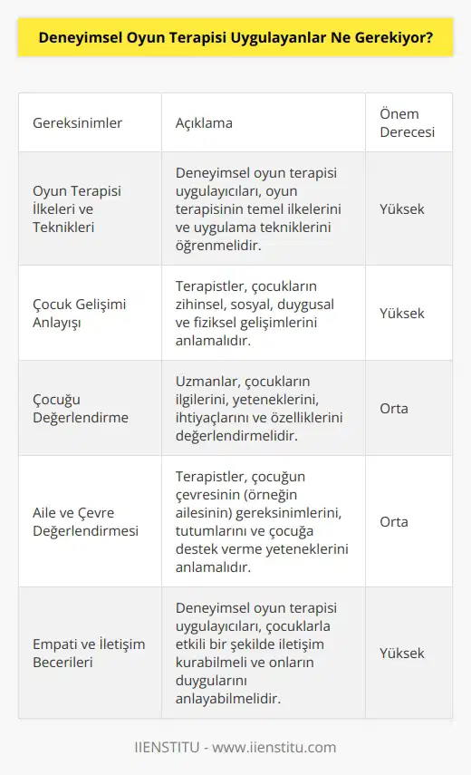 Deneyimsel oyun terapisi uygulayanların, oyun terapisinin temel ilkelerini ve uygulama tekniklerini öğrenmesi gerekiyor. Ayrıca, oyun terapisinin etkili bir şekilde uygulanması için çocukların zihinsel, sosyal, duygusal ve fiziksel gelişimlerinin anlaşılması gerekiyor. Uzmanlar, çocukların çoğu durumda daha iyi anlaşılmasını sağlamak için çocukların ilgilerini, yeteneklerini, ihtiyaçlarını ve özelliklerini değerlendirmelidir. Terapistler, aynı zamanda, çocuğun çevresinin (örneğin ailesinin) gereksinimlerinin, tutumlarının ve çocuğa destek verme yeteneklerinin anlaşılmasını sağlamalıdır.