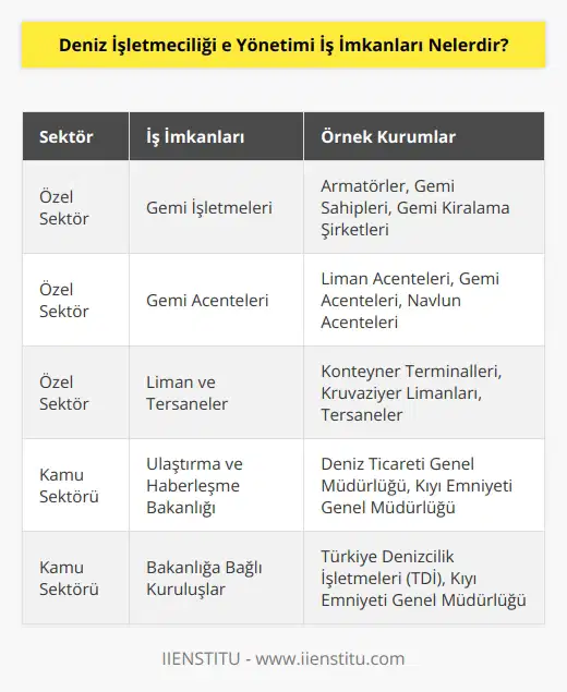 Deniz işletmeciliği ve yönetimi bölümü gerek kamu gerek özel sektörde mezunlarına geniş bir iş imkânı sağlar. Mezunların çoğunluğu özel sektörde yer alan iş imkanlarından yararlanır. Özel sektörde; gemi işletmeleri, gemi, acenteleri, liman ve tersaneler göze çarparken, kamuda; ulaştırma ve haberleşme bakanlığı ve onlara bağlı kuruluşlar en çok mezun tercih eden kurumlar arasındadır.