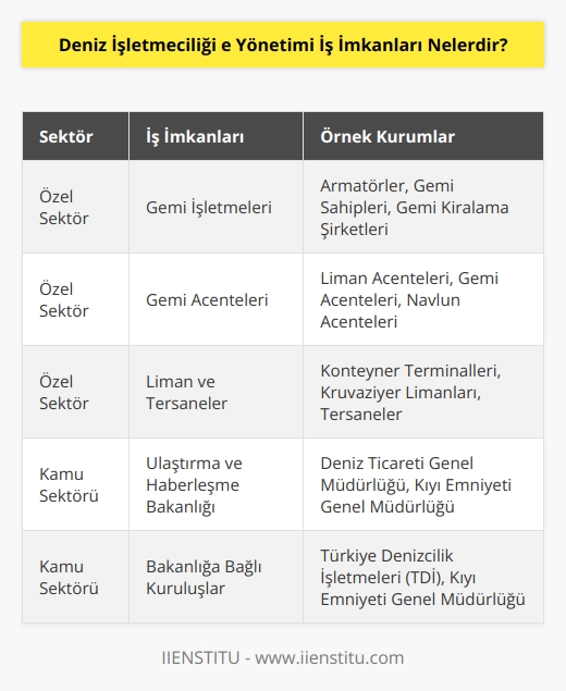 Deniz işletmeciliği ve yönetimi bölümü gerek kamu gerek özel sektörde mezunlarına geniş bir iş imkânı sağlar. Mezunların çoğunluğu özel sektörde yer alan iş imkanlarından yararlanır. Özel sektörde; gemi işletmeleri, gemi, acenteleri, liman ve tersaneler göze çarparken, kamuda; ulaştırma ve haberleşme bakanlığı ve onlara bağlı kuruluşlar en çok mezun tercih eden kurumlar arasındadır.