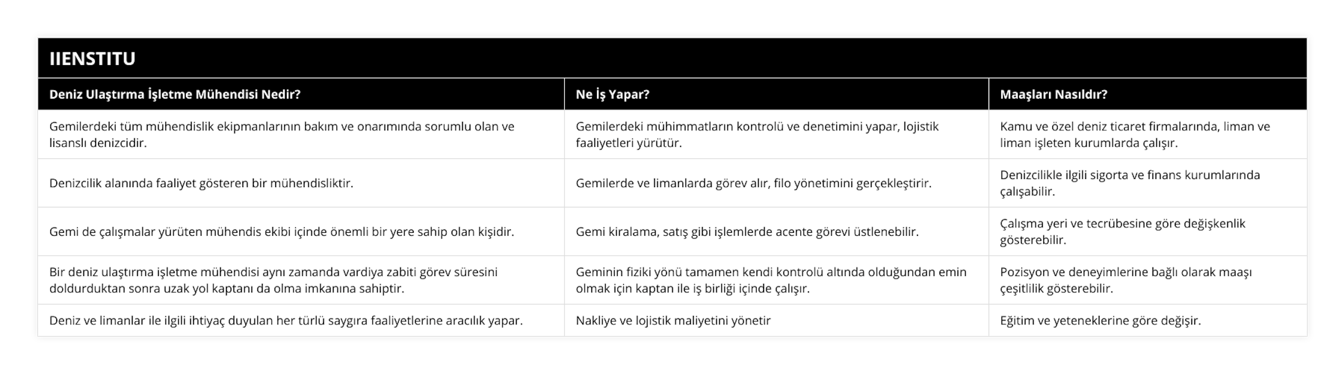 Gemilerdeki tüm mühendislik ekipmanlarının bakım ve onarımında sorumlu olan ve lisanslı denizcidir, Gemilerdeki mühimmatların kontrolü ve denetimini yapar, lojistik faaliyetleri yürütür, Kamu ve özel deniz ticaret firmalarında, liman ve liman işleten kurumlarda çalışır, Denizcilik alanında faaliyet gösteren bir mühendisliktir, Gemilerde ve limanlarda görev alır, filo yönetimini gerçekleştirir, Denizcilikle ilgili sigorta ve finans kurumlarında çalışabilir, Gemi de çalışmalar yürüten mühendis ekibi içinde önemli bir yere sahip olan kişidir, Gemi kiralama, satış gibi işlemlerde acente görevi üstlenebilir, Çalışma yeri ve tecrübesine göre değişkenlik gösterebilir, Bir deniz ulaştırma işletme mühendisi aynı zamanda vardiya zabiti görev süresini doldurduktan sonra uzak yol kaptanı da olma imkanına sahiptir, Geminin fiziki yönü tamamen kendi kontrolü altında olduğundan emin olmak için kaptan ile iş birliği içinde çalışır, Pozisyon ve deneyimlerine bağlı olarak maaşı çeşitlilik gösterebilir, Deniz ve limanlar ile ilgili ihtiyaç duyulan her türlü saygıra faaliyetlerine aracılık yapar, Nakliye ve lojistik maliyetini yönetir, Eğitim ve yeteneklerine göre değişir
