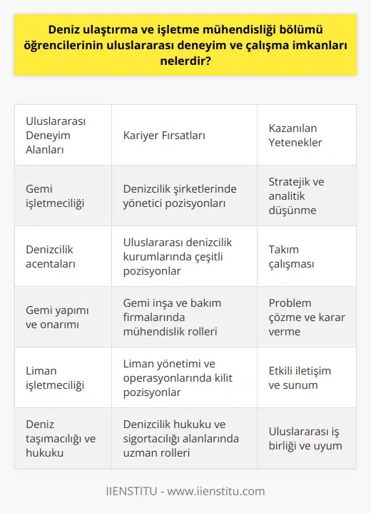 Deniz Ulaştırma ve İşletme Mühendisliği bölümü öğrencilerinin uluslararası deneyim ve çalışma imkanları oldukça geniştir. Bu alanda eğitim gören öğrenciler, dünyanın birçok farklı alanında deneyim kazanabilirler. Ülkemizdeki üniversiteler, bu alanda eğitim vererek öğrencilerin uluslararası sahnede deneyim kazanmalarına yardımcı olmaktadır.   Deniz Ulaştırma ve İşletme Mühendisliği bölümü mezunları, gemi işletmeciliği, denizcilik acentaları, gemi yapımı ve onarımı, liman işletmeciliği, kıyı emniyeti, deniz taşımacılığı, deniz hukuku ve sigortacılığı gibi çeşitli alanlarda kariyer yapabilirler. Ayrıca, mezunlar uluslararası düzeyde denizcilikle ilgili birçok kuruluşta da çeşitli pozisyonlarda çalışma imkanına sahip olabilirler.  Teorik ve pratik eğitimle donanmış Deniz Ulaştırma ve İşletme Mühendisliği bölümü öğrencileri, uluslararası deneyim ve çalışma imkanlarının yanı sıra, yüksek düzeyde stratejik ve analitik düşünme yetenekleri,    ve takım çalışması yetenekleri, problem çözme ve karar verme yetenekleri, etkili iletişim ve sunum yetenekleri kazanırlar.  Deniz Ulaştırma ve İşletme Mühendisliği eğitimi alan öğrenciler, dünyanın herhangi bir yerindeki denizcilik sektöründe iş bulma potansiyeline sahiptir. Uluslararası deneyim ve çalışma imkanlarına açık olan bu öğrenciler, kariyerlerini uluslararası veya ulusal firmalarda ilerletebilirler.  Sonuç olarak, Deniz Ulaştırma ve İşletme Mühendisliği bölümü öğrencileri, dünya genelinde geniş bir kariyer potansiyeline sahip olup, uluslararası kariyer fırsatlarından yararlanabilirler. Bu bölüm, öğrencilere geniş bir uygulama alanı sunarak, uluslararası denizcilik sektöründe rekabetçi ve başarılı bir kariyer elde etmeleri için gereken bilgi ve becerileri sağlar.