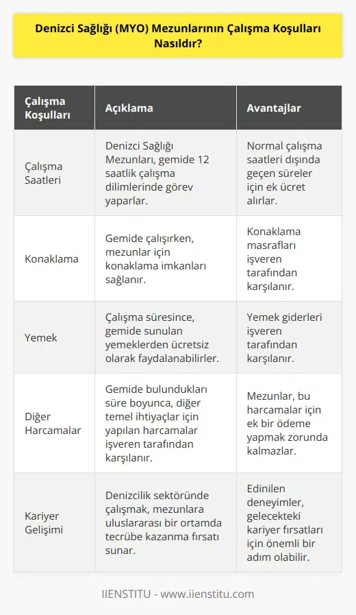 Denizci Sağlığı Mezunları, görevlerinin doğası gereği gemide çalışmak zorundadır. Denizcilik sektöründe çalışmaya başlayan Denizci Sağlık Mezunları, 12 saatlik çalışma zamanlarıyla çalışmak zorunda kalırlar. Bununla birlikte, mezunlar, normal çalışma saatleri dışında süren denizde çalışma saatleri için ücretlendirilirler. Gemide çalışırken, denizci sağlık mezunları, konaklamada, yemeklerde ve diğer harcamalarda ücretsiz olarak yararlanırlar.