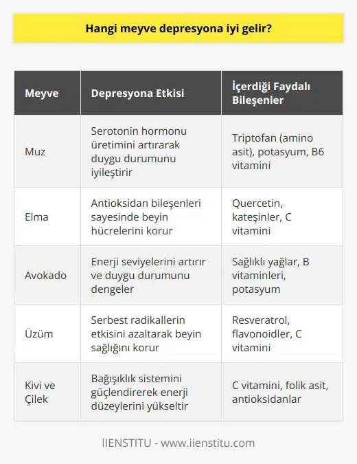 Depresyon ve Meyve İlişkisi  Depresyonla mücadelede, sağlıklı beslenme ve yaşam biçimi önemli bir rol oynamaktadır. Bu bağlamda, bazı meyveler depresyon belirtilerini azaltmaya yardımcı olabilecek besin öğeleri içermektedir. Özellikle, doğal şeker, lif, vitamin ve mineral bakımından zengin meyveler beynin işlevini ve enerji düzeylerini artırarak, duygu durumunu olumlu yönde etkileyebilir. Bu meyvelere örnek olarak muz, elma, avokado, üzüm, çilek ve kivi verilebilir.  Meyvelerin Beyin Fonksiyonlarına Etkisi  Meyvelerin içerdiği sağlıklı bileşenler, beyin fonksiyonlarını destekleyerek depresyonun neden olduğu yorgunluk ve enerji eksikliğini hafifletebilir. Örneğin, muz, sinir sistemini düzenleyen ve duygu durumunu iyileştiren serotonin hormonu üretimine yardımcı olan triptofan adlı bir amino asit içerir. Aynı zamanda, elma ve üzüm, antioksidan bileşenleri sayesinde beyin hücrelerine zararlı serbest radikallerin etkisini azaltır ve beyin sağlığını korur.  Düşük Enerji Seviyesinin Giderilmesi  Depresyonda hissedilen düşük enerji seviyesini gidermek için enerji veren meyveler tüketilebilir. Özellikle avokado, sağlıklı yağlar ve B vitaminleri açısından zengin olup enerji seviyelerinin artmasına ve duygu durumunun dengelenmesine katkıda bulunur. Ayrıca, kivi ve çilek gibi C vitamini kaynağı meyveler, bağışıklık sistemini güçlendirerek hastalıklara karşı direnci artırır ve enerji düzeylerini yükseltir.  Sonuç olarak, meyve tüketiminin depresyonla mücadelede olumlu sonuçlar doğurabileceği söylenebilir. Ancak, meyveler tek başına bir depresyon tedavisi olarak görülmemeli ve daha geniş kapsamlı bir yaşam tarzı değişikliği planına entegre edilmelidir. Bu süreçte düzenli egzersiz, uyku ve sosyal ilişkilerin önemi de göz ardı edilmemelidir.