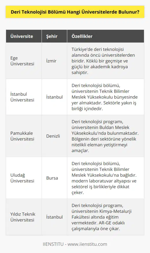 Deri Teknolojisi Bölümü, ülkemizdeki üniversitelerden bazılarında mevcuttur. Bu üniversiteler arasında Anadolu Üniversitesi, Akdeniz Üniversitesi, Atatürk Üniversitesi, Çukurova Üniversitesi, Ege Üniversitesi, Gazi Üniversitesi, Hacettepe Üniversitesi, İstanbul Üniversitesi, İzmir Ekonomi Üniversitesi, Marmara Üniversitesi, Ordu Üniversitesi, Pamukkale Üniversitesi, Selçuk Üniversitesi, Trakya Üniversitesi, Uludağ Üniversitesi ve Yıldız Teknik Üniversitesi bulunmaktadır.