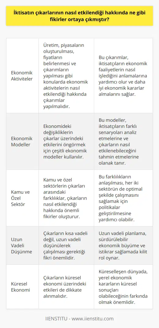 İktisatçılar, çıkarların nasıl etkilendiği konusunda çeşitli fikirler ortaya koymuştur. Bunlardan bazıları, ekonomik aktivitelerin üretim, piyasaların oluşturulması, fiyatların belirlenmesi ve çıkarımların yapılması gibi konularda çıkarımlar yapılmasının gerekliliğidir. Örneğin, ekonomideki değişiklikler, çıkarların nasıl etkilendiği hakkında öngörüler yapmak için çeşitli modeller kullanılır. Ayrıca, kamu ve özel sektörlerin çıkarımları arasındaki farklar da çıkarların nasıl etkilendiği hakkında fikirler oluşturur. Diğer bir fikir de, çıkarların kısa vadeli değil, uzun vadeli düşünülerek çalışılması gerektiğidir. Son olarak, çıkarların küresel ekonomi üzerindeki etkileri de dikkate alınmalıdır.
