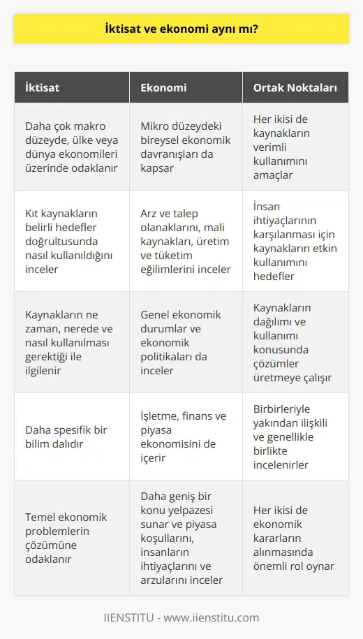 İktisat ve genel olarak pek çok birey tarafından bir ve aynı olarak algılansa da, bu kavramlar arasında önemli farklar mevcuttur. İktisat, genellikle daha makro düzeyde, ülke veya dünya ekonomileri üzerinde odaklanırken; ekonomi ise aynı zamanda mikro düzeydeki bireysel ekonomik davranışları da kapsar. İktisat, geniş anlamıyla, kıt kaynakların belirli hedefler doğrultusunda nasıl kullanıldığını inceleyen bir bilim dalıdır. İhtiyaçları karşılamak için hangi kaynakların and hangi koşullarda kullanılması gerektiğinin belirlenmesi iktisadın çözümlemeye çalıştığı bir problem olarak kabul edilir. Ekonomi ise daha geniş bir kavram olup, arz ve talep olanakları, mali kaynaklar, üretim ve tüketim eğilimleri, genel ekonomik durumlar ve ekonomik politikalar gibi konularını inceler. Ekonomi, sadece iktisat değil, aynı zamanda işletme, finans ve piyasa ekonomisini de içerir. Sonuç olarak, iktisat ve ekonomi mümkün olan en verimli şekilde kaynakları kullanmaya çalışmaktadır. İktisat, kaynakların ne zaman, nerede ve nasıl kullanılması gerektiği ile daha çok ilgilenirken; ekonomi, piyasa koşulları, insanların ihtiyaçları ve arzuları, ve hangi politikalara dayandığını inceleyen daha geniş bir konu yelpazesi sunmaktadır. Her birinin kendine has önemli özellikleri ve kullanımları vardır ve genellikle birbiriyle ilişkili olarak incelenirler.