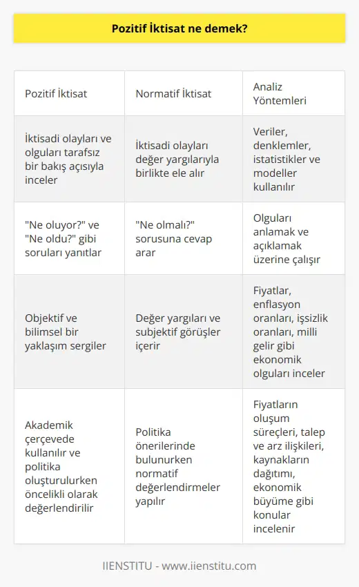 Pozitif İktisat, iktisadi olayları ve olguları tarafsız bir bakış açısıyla inceleyen bir bilim dalıdır. Pozitif İktisat, ne oluyor? ve ne oldu? gibi soruları yanıtlar. Yalnızca olguları anlamak ve açıklamak üzerine çalışır. Normatif iktisatla karşılaştırıldığında, pozitif iktisat değer yargılarından soyutlanmıştır. Daha objektif ve bilimsel bir yaklaşımla, iktisadi süreçleri ve politikaları değerlendirir. Pozitif İktisatın yapısında, önceliği olgulara dayalı tespitlere ve analitik değerlendirmelere vermek bulunur. Fiyatlar, enflasyon oranları, işsizlik oranları, milli gelir gibi ekonomik olgular, bu iktisat türü tarafından incelenir. Özellikle, fiyatların oluşum süreçleri, talep ve arz ilişkileri, kaynakların dağıtımı, ekonomik büyüme gibi konular Pozitif İktisatın inceleme sahasına girmektedir. Pozitif İktisat, özünde bilimsel gerçeklere, olgulara dayalı analizleri ve çıktılari esas alır. Bu yüzden, çok genellikle iktisadi veriler, denklemler, istatistikler ve modellerle çalışır. Amaçları ve yöntemleri bakımından Pozitif İktisat, bazen gerçek iktisat olarak da nitelendirilir. Bu nedenle, bu iktisat dalı daha ziyade akademik çerçevede kullanılır ve politika oluşturulurken bu iktisat dalının sonuçları öncelikli olarak değerlendirilir.