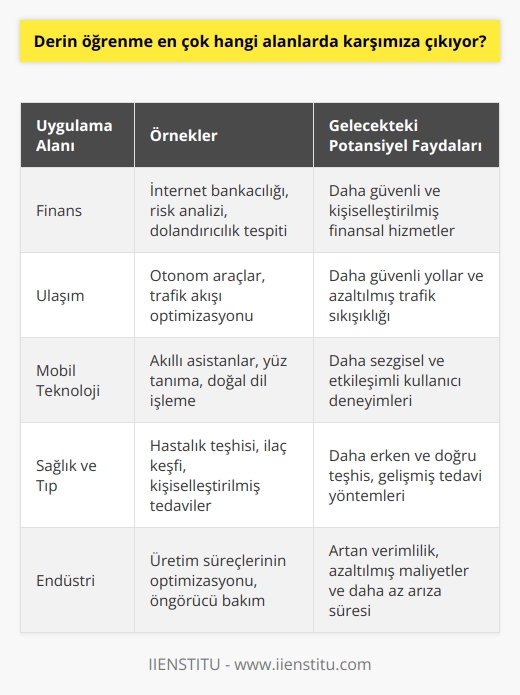 İnternet bankacılığından, otonom araçlara, cep telefonlarından ilaç ve tıp dünyasına kadar birçok yerde karşımıza çıkmaktadır. Başarılı bir şekilde gelişim göstermektedir ve gelecekte insan yaşamını daha da kolaylaştıracağı kesindir. İnsanların yapabildiklerinden daha fazlasını yaparak, hızlıca teknolojik çözümler sunar.