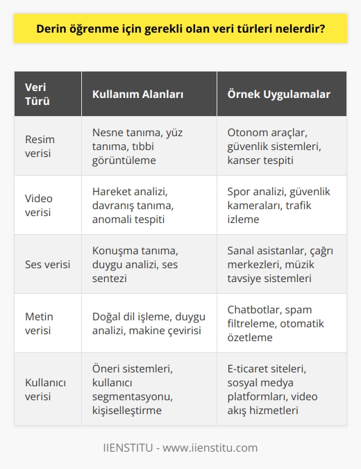 Derin öğrenme için gerekli olan veri türleri şunlardır: 1. Resim verisi 2. Video verisi 3. Ses verisi 4. Metin verisi 5. İstatistiksel veri 6. Coğrafi veri 7. Kullanıcı verisi 8. Finansal veri 9. Sağlık verisi