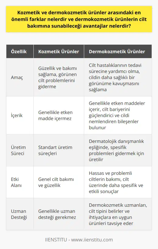 Kozmetik ve dermokozmetik ürünler arasındaki en önemli farklar cilt sağlığı ve tedavisi ile ilgili olarak ürünlerin içeriği ve üretim süreçleri kapsamında belirgindir. Kozmetik ürünler güzellik ve bakımı sağlama amacına yönelik olup, görünen cilt problemlerini giderme özelliğine sahipken, dermokozmetik ürünler genellikle bir cilt hastalığının tedavi sürecine yardımcı olmak ve cildin daha sağlıklı bir görünüme kavuşmasını sağlama amacına hizmet eder. Dermokozmetik ürünler, herhangi bir cilt probleminin giderilmesi için kullanılır ve genellikle etken maddeler içerir. Bu ürünler, dermatolojik danışmanlık eşliğinde daha spesifik problemleri gidermek için üretilir. Dermokozmetik ürünlerin cilt bakımına sunabileceği avantajlar arasında, cildin sağlığını ve görünümünü iyileştirme ve cilt hastalıklarının semptomlarını hafifletme yeteneği vardır. Dermokozmetik ürünler ayrıca, hassas ve problemli ciltlerin bakımını sağlar. Cilt üzerinde daha spesifik ve etkili sonuçlar elde etmek, kozmetik ürünlere göre dermokozmetik ürünlerin sunduğu bir diğer avantajdır. Özellikle cildi tahriş eden kimyasallar yerine, cilt bariyerini güçlendirici ve cildi nemlendiren bileşenler içerirler. Dermokozmetik ürünlerin amacı, sadece güzellik ürünü kapsamında satılmak değil, belirli bir cilt problemine çözüm sunmaktır. Cilt bakımını sağlamak ve güzelleşmeye destek olmak, bu ürünlerin ikincil hedeflerindendir. En temel tanımla, dermokozmetik ürünler, sağlık ve güzelliğin buluştuğu noktalardır. Bu bağlamda, dermokozmetik uzmanı rolü de önemlidir. Dermokozmetik uzmanları, cilt bakım ve kozmetik ürünlerin tanıtımını, uygulamasını ve satışını üstlenirken, müşterinin cilt tipini belirler ve ihtiyaçlarına en uygun ürünleri tavsiye eder. Dolayısıyla, dermokozmetik ürünlerin doğru bir şekilde kullanılmasını sağlarlar. Sonuç olarak, kozmetik ve dermokozmetik ürünler arasındaki farklar ve dermokozmetik ürünlerin sunduğu avantajlar, cilt bakımında önemli bir rol oynar. Cilt sağlığına olumlu etkisi ve daha etkili sonuçları nedeniyle dermokozmetik ürünlerin kullanımı, güzellik ve cilt bakımında tercih edilen bir yol olmaktadır.