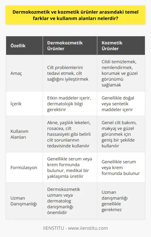 Dermokozmetik ve kozmetik ürünler arasında önemli farklar bulunmaktadır. Dermokozmetik ürünler, genelde bir cilt problemi için tedavi amacıyla kullanılır ve etkin maddeler içerir. Kozmetik ürünler ise genellikle cildi temizlemek, nemlendirmek ve korumak için kullanılır, ve genellikle doğal veya sentetik maddeler içerir. Dermokozmetik ürünlerin formülasyonunda dermatolojik bilgi gereklidir ve bu bakımdan kozmetik ürünlerden ayrılırlar.  Bununla birlikte, hem dermokozmetik hem de kozmetik ürünler cilt bakımıyla ilgilidir ve genellikle serum veya krem formunda bulunurlar. Kozmetik ürünler genellikle güzellik ve bakımda daha fazla kullanılırken, dermokozmetik ürünler genellikle altta yatan cilt sorunlarını tedavi etmeye odaklanmıştır. Dermokozmetik ürünlerin amacının sadece güzel görünmek olmadığını, aynı zamanda cilt hastalıklarını ve sorunlarını gidermeye yardımcı olmak olduğunu da hatırlatmak önemlidir.  Dermokozmetik ve kozmetik ürünlerin kullanım alanları da farklıdır. Kozmetik ürünler genel cilt bakımı, makyaj ve güzel görünmek için geniş bir şekilde kullanılır. Dermokozmetik ürünler ise genellikle cilt sorunlarının tedavisinde, örneğin akne, yaşlılık lekeleri,  rosacea veya cilt hassasiyeti gibi belirli problemlerde kullanılır. Bu ürünler genellikle dermatologların danışmanlığında ve medikal bir yaklaşımla üretilir.  Sonuç olarak, dermokozmetik ve kozmetik ürünler cilt bakımında önemli rol oynar ancak amaçları, içerikleri ve kullanım alanları açısından farklılık gösterir. Her iki ürün tipi de bir cilt bakım rutini içinde yer alabilir ancak kullanıcıların cilt ihtiyaçlarına ve hedeflerine uygun ürünleri seçmeleri önemlidir. Bu seçimi yaparken, bir dermokozmetik uzmanının veya dermatoloğun danışmanlığı önemli olabilir.
