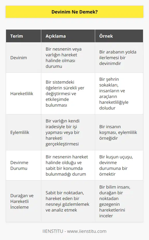 Genellikle hareketlilik ve eylemlilik demektir. Devinme durumunda bulunmak demektir. Durağan bir yerden, hareket halindeki bir şeyin incelenmesi demektir.