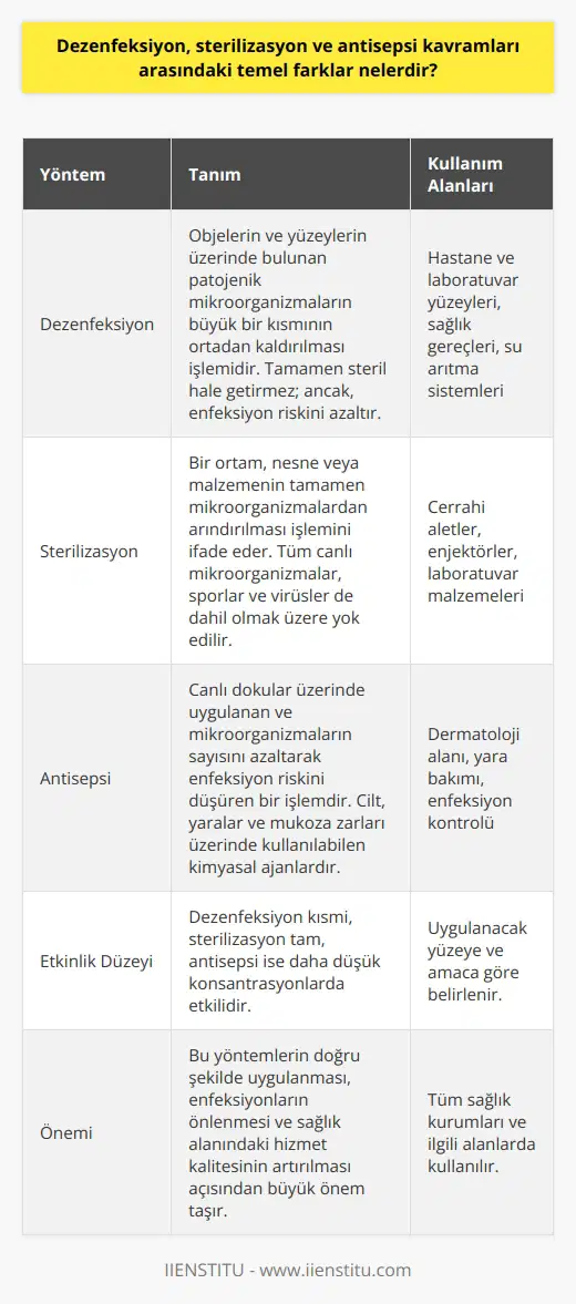 Dezenfeksiyon, Sterilizasyon ve Antisepsi Kavramları Dezenfeksiyon, sterilizasyon ve antisepsi; mikroorganizmaların kontrol altına alındığı veya yok edildiği işlemleri ifade ederken, yöntemler ve etkinlik düzeyleri açısından farklılıklar gösterir. Dezenfeksiyon İşlemi Dezenfeksiyon, objelerin ve yüzeylerin üzerinde bulunan patojenik mikroorganizmaların büyük bir kısmının ortadan kaldırılmasıdır. Bu işlemde, dezenfektan olarak adlandırılan kimyasal maddeler kullanılır. Tamamen steril hale getirmez; ancak, enfeksiyon riskini azaltır. Sterilizasyon Süreci Sterilizasyon ise, bir ortam, nesne veya malzemenin tamamen mikroorganizmalardan arındırılması işlemini ifade eder. Bu süreçte, tüm canlı mikroorganizmalar, sporlar ve virüsler de dahil olmak üzere yok edilir. Sterilizasyon yöntemleri, yüksek sıcaklık, basınç, kimyasal ajanlar ve radyasyon gibi çeşitli faktörleri içerebilir. Antisepsi Uygulaması Antisepsi, canlı dokular üzerinde uygulanan ve mikroorganizmaların sayısını azaltarak enfeksiyon riskini düşüren bir işlemdir. Antiseptikler; cilt, yaralar ve mukoza zarları üzerinde kullanılabilen kimyasal ajanlardır. Bu yöntem, dezenfeksiyona benzer; ancak, canlı dokulara uygulanabilmesi ve daha düşük konsantrasyonlarda etkili olması nedeniyle farklıdır. Kıyaslama ve Kullanım Alanları Dezenfeksiyon, genellikle hastane ve laboratuvar yüzeylerinde, sağlık gereçlerinde ve su arıtma sistemlerinde kullanılır. Sterilizasyon, cerrahi aletler, enjektörler ve laboratuvar malzemelerinde tercih edilen yöntemdir. Antisepsi ise, dermatoloji alanında, yara bakımında ve enfeksiyon kontrolünde önemli bir role sahiptir. Sonuç olarak, dezenfeksiyon, sterilizasyon ve antisepsi; mikroorganizmaları kontrol etmek veya yok etmek için kullanılan yöntemler olsa da, amaca ve uygulanacak yüzeylere göre farklı etkinlik düzeyleri ve kullanım alanlarına sahiptir. Bu yöntemlerin doğru şekilde uygulanması, enfeksiyonların önlenmesi ve sağlık alanındaki hizmet kalitesinin artırılması açısından büyük önem taşır.