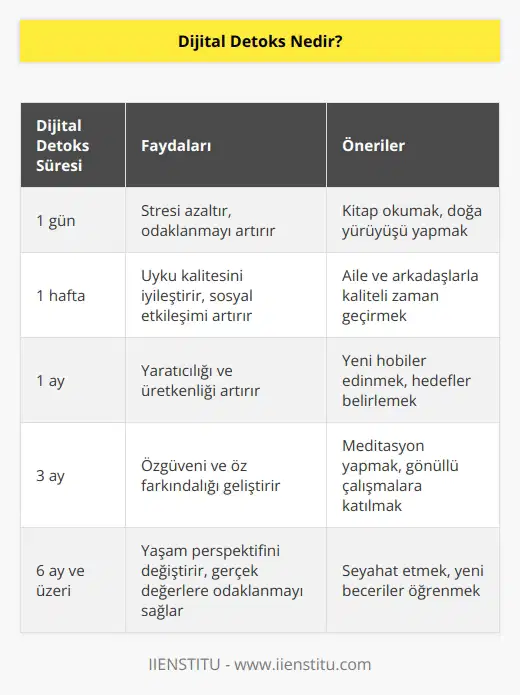 Dijital detoks, dan belirli bir süreliğine uzaklaşmayı esas alır. Bir süreliğine dan uzak durmak, zihinsel ve bedensel olarak arınmamızı ve iyi hissetmemizi sağlar.