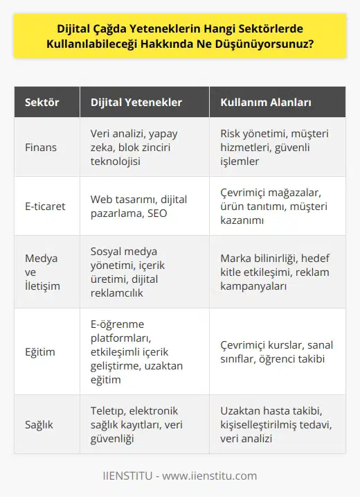 Dijital çağda, yeteneklerin kullanılabileceği birçok sektöre yayılmış durumdadır. Teknoloji, internet ve dijital altyapının gelişmesi ile birlikte, çoğu alanda etkili bir şekilde kullanılabilecek yetenekler çok daha geniş bir alana yayılmıştır. Her sektörde, dijital becerilerin kullanımının önemi artmaktadır. Özellikle finans, ticaret ve teknoloji alanlarında, dijital yeteneklerin kullanımı oldukça önemlidir. İnternet üzerinden ticaret yapan mağazalar ve işletmeler, dijital çözümleri kullanarak ürünlerini ve hizmetlerini daha etkili bir şekilde pazarlayabilirler. Ayrıca, dijital medya ve telekomünikasyon alanında da dijital yeteneklerin kullanımı oldukça yaygındır. Özellikle sosyal medya, arama motoru optimizasyonu ve dijital reklamcılık gibi alanlarda, dijital yeteneklerin çok önemli bir rolü vardır. Son olarak, dijital çağda yeteneklerin kullanılabileceği sektörler arasında eğitim ve sağlık da bulunmaktadır. Dijital eğitim platformları ve çevrimiçi sağlık platformları gibi teknolojik çözümler, bu alanlarda çok sayıda yetenek kullanımına olanak sağlamaktadır.