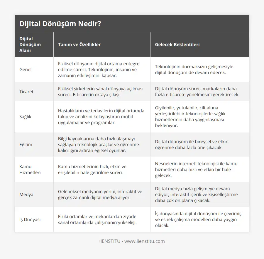 Genel, Fiziksel dünyanın dijital ortama entegre edilme süreci Teknolojinin, insanın ve zamanın etkileşimini kapsar, Teknolojinin durmaksızın gelişmesiyle dijital dönüşüm de devam edecek, Ticaret, Fiziksel şirketlerin sanal dünyaya açılması süreci E-ticaretin ortaya çıkışı, Dijital dönüşüm süreci markaların daha fazla e-ticarete yönelmesini gerektirecek, Sağlık, Hastalıkların ve tedavilerin dijital ortamda takip ve analizini kolaylaştıran mobil uygulamalar ve programlar, Giyilebilir, yutulabilir, cilt altına yerleştirilebilir teknolojilerle sağlık hizmetlerinin daha yaygınlaşması bekleniyor, Eğitim, Bilgi kaynaklarına daha hızlı ulaşmayı sağlayan teknolojik araçlar ve öğrenme kalıcılığını artıran eğitsel oyunlar, Dijital dönüşüm ile bireysel ve etkin öğrenme daha fazla öne çıkacak, Kamu Hizmetleri, Kamu hizmetlerinin hızlı, etkin ve erişilebilin hale getirilme süreci, Nesnelerin interneti teknolojisi ile kamu hizmetleri daha hızlı ve etkin bir hale gelecek, Medya, Geleneksel medyanın yerini, interaktif ve gerçek zamanlı dijital medya alıyor, Dijital medya hızla gelişmeye devam ediyor, interaktif içerik ve kişiselleştirme daha çok ön plana çıkacak, İş Dünyası, Fiziki ortamlar ve mekanlardan ziyade sanal ortamlarda çalışmanın yükselişi, İş dünyasında dijital dönüşüm ile çevrimiçi ve esnek çalışma modelleri daha yaygın olacak