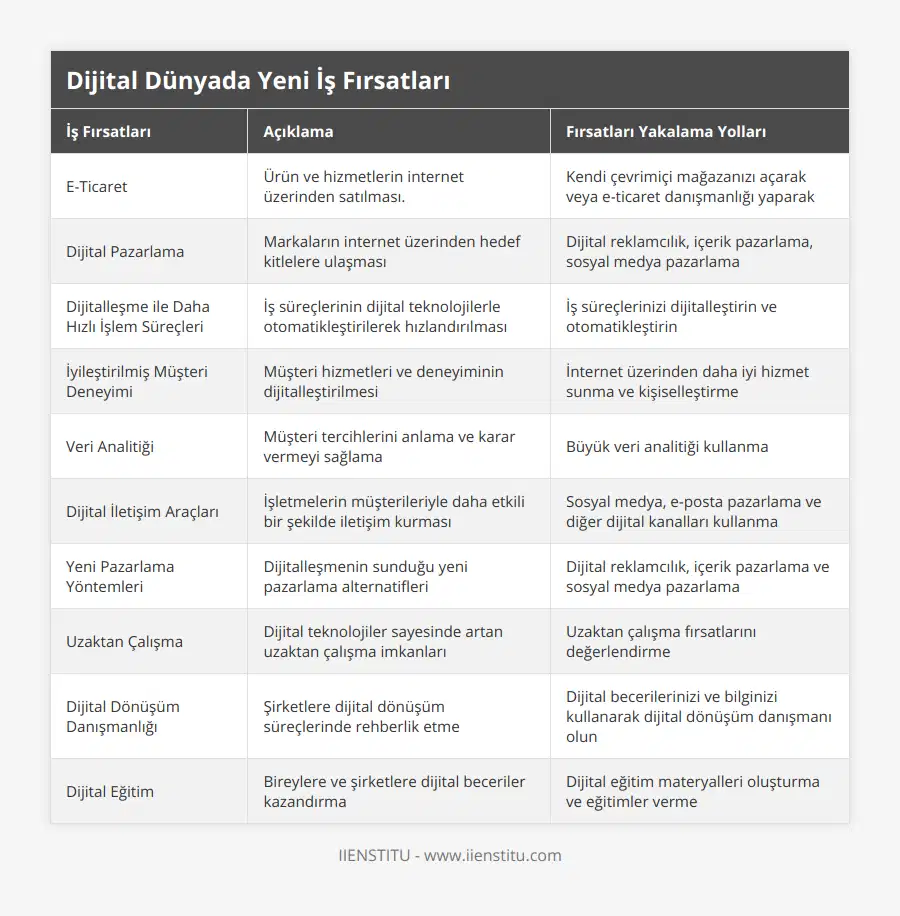 E-Ticaret, Ürün ve hizmetlerin internet üzerinden satılması, Kendi çevrimiçi mağazanızı açarak veya e-ticaret danışmanlığı yaparak, Dijital Pazarlama, Markaların internet üzerinden hedef kitlelere ulaşması, Dijital reklamcılık, içerik pazarlama, sosyal medya pazarlama, Dijitalleşme ile Daha Hızlı İşlem Süreçleri, İş süreçlerinin dijital teknolojilerle otomatikleştirilerek hızlandırılması, İş süreçlerinizi dijitalleştirin ve otomatikleştirin, İyileştirilmiş Müşteri Deneyimi,  Müşteri hizmetleri ve deneyiminin dijitalleştirilmesi, İnternet üzerinden daha iyi hizmet sunma ve kişiselleştirme, Veri Analitiği, Müşteri tercihlerini anlama ve karar vermeyi sağlama, Büyük veri analitiği kullanma, Dijital İletişim Araçları, İşletmelerin müşterileriyle daha etkili bir şekilde iletişim kurması, Sosyal medya, e-posta pazarlama ve diğer dijital kanalları kullanma, Yeni Pazarlama Yöntemleri, Dijitalleşmenin sunduğu yeni pazarlama alternatifleri, Dijital reklamcılık, içerik pazarlama ve sosyal medya pazarlama, Uzaktan Çalışma, Dijital teknolojiler sayesinde artan uzaktan çalışma imkanları, Uzaktan çalışma fırsatlarını değerlendirme, Dijital Dönüşüm Danışmanlığı, Şirketlere dijital dönüşüm süreçlerinde rehberlik etme, Dijital becerilerinizi ve bilginizi kullanarak dijital dönüşüm danışmanı olun, Dijital Eğitim, Bireylere ve şirketlere dijital beceriler kazandırma, Dijital eğitim materyalleri oluşturma ve eğitimler verme