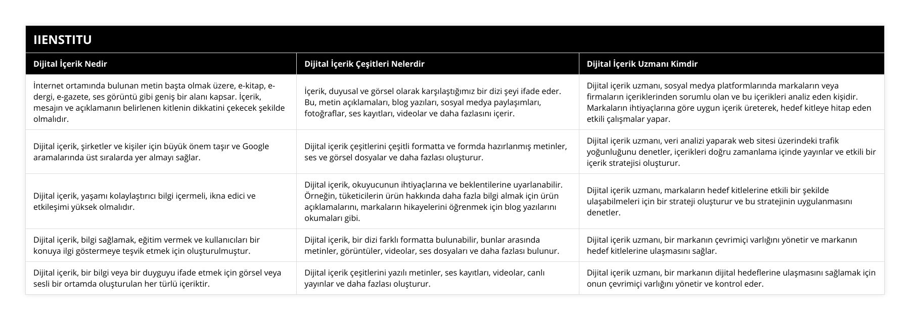İnternet ortamında bulunan metin başta olmak üzere, e-kitap, e-dergi, e-gazete, ses görüntü gibi geniş bir alanı kapsar İçerik, mesajın ve açıklamanın belirlenen kitlenin dikkatini çekecek şekilde olmalıdır, İçerik, duyusal ve görsel olarak karşılaştığımız bir dizi şeyi ifade eder Bu, metin açıklamaları, blog yazıları, sosyal medya paylaşımları, fotoğraflar, ses kayıtları, videolar ve daha fazlasını içerir, Dijital içerik uzmanı, sosyal medya platformlarında markaların veya firmaların içeriklerinden sorumlu olan ve bu içerikleri analiz eden kişidir Markaların ihtiyaçlarına göre uygun içerik üreterek, hedef kitleye hitap eden etkili çalışmalar yapar, Dijital içerik, şirketler ve kişiler için büyük önem taşır ve Google aramalarında üst sıralarda yer almayı sağlar, Dijital içerik çeşitlerini çeşitli formatta ve formda hazırlanmış metinler, ses ve görsel dosyalar ve daha fazlası oluşturur, Dijital içerik uzmanı, veri analizi yaparak web sitesi üzerindeki trafik yoğunluğunu denetler, içerikleri doğru zamanlama içinde yayınlar ve etkili bir içerik stratejisi oluşturur, Dijital içerik, yaşamı kolaylaştırıcı bilgi içermeli, ikna edici ve etkileşimi yüksek olmalıdır, Dijital içerik, okuyucunun ihtiyaçlarına ve beklentilerine uyarlanabilir Örneğin, tüketicilerin ürün hakkında daha fazla bilgi almak için ürün açıklamalarını, markaların hikayelerini öğrenmek için blog yazılarını okumaları gibi, Dijital içerik uzmanı, markaların hedef kitlelerine etkili bir şekilde ulaşabilmeleri için bir strateji oluşturur ve bu stratejinin uygulanmasını denetler, Dijital içerik, bilgi sağlamak, eğitim vermek ve kullanıcıları bir konuya ilgi göstermeye teşvik etmek için oluşturulmuştur, Dijital içerik, bir dizi farklı formatta bulunabilir, bunlar arasında metinler, görüntüler, videolar, ses dosyaları ve daha fazlası bulunur, Dijital içerik uzmanı, bir markanın çevrimiçi varlığını yönetir ve markanın hedef kitlelerine ulaşmasını sağlar, Dijital içerik, bir bilgi veya bir duyguyu ifade etmek için görsel veya sesli bir ortamda oluşturulan her türlü içeriktir, Dijital içerik çeşitlerini yazılı metinler, ses kayıtları, videolar, canlı yayınlar ve daha fazlası oluşturur, Dijital içerik uzmanı, bir markanın dijital hedeflerine ulaşmasını sağlamak için onun çevrimiçi varlığını yönetir ve kontrol eder