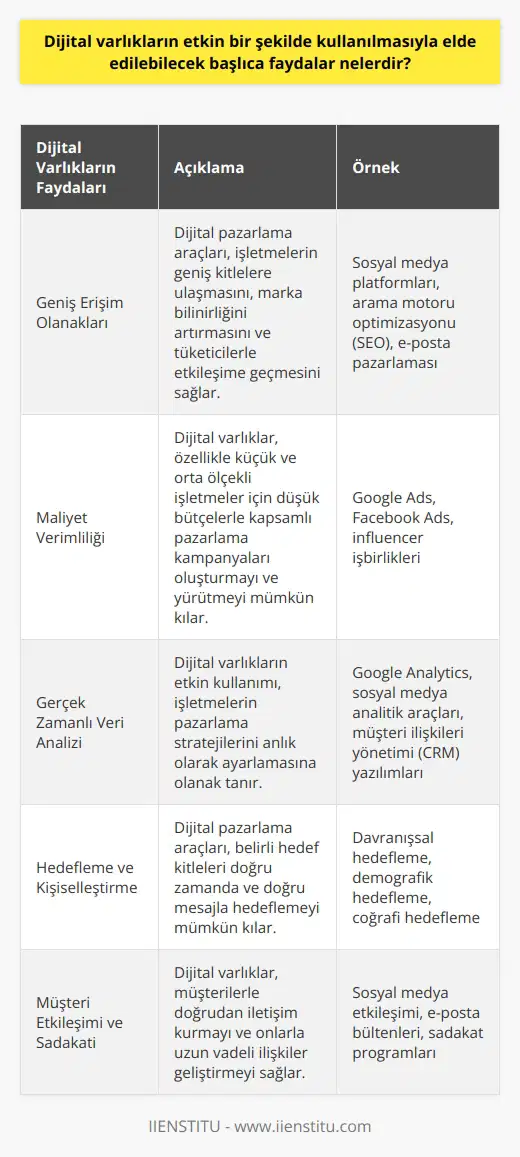 Dijital varlıkların etkin kullanımının başlıca faydalarından biri, geniş erişim olanaklarıdır. Dijital pazarlama araçları, bir işletmenin geniş kitlelere ulaşmasını, marka bilinirliğini artırmasını ve tüketicilerle etkileşime geçmesini sağlar. İyi bir dijital pazarlama kampanyası,   nın hedef kitleleri daha hızlı ve daha geniş ölçekte ulaşmasını mümkün kılar. Bu,   nin sağlayamayacağı bir faydadır.  Bu araçlar, içerik oluşturma ve yayma, izleyici analizi, hedefleme ve müşteri verisi toplama gibi özelliklere sahip olması sebebiyle, maliyet-verimlilik açısından üstün bir seçenektir. Özellikle küçük ve orta ölçekli işletmeler için, dijital varlıklar nispeten düşük bütçelerle kapsamlı pazarlama kampanyaları oluşturmayı ve yürütmeyi olanaklı hale getirir.   Dijital varlıkların etkin kullanımıyla aynı zamanda gerçek zamanlı veri analizi yapabilir ve pazarlama stratejilerini anında ayarlayabilirsiniz. Örneğin, Google Analytics gibi bir araç, belirli bir dijital pazarlama kampanyasının etkinliğini ölçmek, hedef kitle demografilerini anlamak ve tüketicilerin davranışlarını izlemek için kullanılabilir. Bu, stratejik kararlar almak için değerli bilgiler sağlar.   Sonuç olarak, dijital varlıkların etkin bir şekilde kullanılması, işletmelere geniş bir erişim, maliyet verimliliği ve gerçek zamanlı analiz olanağı sağlar. Bu, onların rekabetçi bir avantaj elde etmelerine yardımcı olur ve satışlarını ve müşteri etkileşimlerini artırma potansiyeline sahiptir. Bu durum, dijital pazarlama araçlarının işletmelerin hedeflerine ulaşmak için ne kadar önemli olduğunu gösterir.