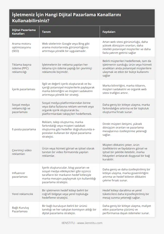 Arama motoru optimizasyonu (SEO), Web sitelerinin Google veya Bing gibi arama motorlarında görünürlüğünü artırmaya yönelik bir uygulamadır, Artan web sitesi görünürlüğü, daha yüksek dönüşüm oranları, daha nitelikli potansiyel müşteriler ve daha fazla yatırım getirisi sağlar, Tıklama başına ödeme (PPC) reklamcılığı, İşletmelerin bir reklama yapılan her tıklama için ödeme yaptığı bir çevrimiçi reklamcılık biçimidir, Belirli müşterileri hedeflemek, tam da işletmenin sunduğu ürün veya hizmeti aradıkları anda potansiyel müşterilere ulaşmak ve etkin bir bütçe kullanımı sağlar, İçerik pazarlaması, İlgili ve değerli içerik oluşturarak ve bu içeriği potansiyel müşterilerle paylaşarak marka bilinirliğini ve müşteri sadakatini artırmaya yönelik bir strateji, Marka bilinirliğini, marka itibarını, müşteri sadakatini ve organik web sitesi trafiğini artırır, Sosyal medya reklamcılığı ve pazarlaması, Sosyal medya platformlarından birine veya daha fazlasına reklam vermek veya organik içerik oluşturarak bu platformlardaki takipçileri hedeflemek, Daha geniş bir kitleye ulaşma, marka farkındalığını artırma ve bir topluluk oluşturma fırsatı sunar, E-posta pazarlama, Reklam, talep oluşturma, marka farkındalığı veya müşteri sadakati oluşturma gibi hedefler doğrultusunda e-postaları kullanan bir dijital pazarlama stratejisi, Direkt müşteri iletişimi, yüksek dönüşüm oranları ve pazarlama mesajlarınızı özelleştirme yeteneği sağlar, Çevrimiçi video reklamları, Ürün veya hizmeti görsel ve işitsel olarak tanıtan bir video formatında yapılan reklamlar, Müşteri dikkatini çeker, ürün özelliklerini ve faydalarını görsel ve işitsel bir şekilde iletebilir, marka hikayeleri anlatarak duygusal bir bağ kurabilir, Influencer pazarlaması, İçerik oluşturucular, blog yazarları ve sosyal medya etkileyicileri gibi üçüncü tarafların bir markanın hedef kitlesiyle marka mesajını paylaşmak için kullanıldığı pazarlama stratejisi, Daha geniş ve daha özelleştirilmiş bir kitleye ulaşma, marka güvenilirliğini artırma ve hedef kitlenin dikkatini çekme fırsatı sunar, Yerel reklamcılık, Bir işletmenin hedef kitleyi belirli bir coğrafi bölgeye veya yerel topluluğa hedefleme stratejisi, Hedef kitleyi daraltma ve yerel tüketicilere daha kişiselleştirilmiş bir mesaj sunma yeteneği sağlar, Bağlı Kuruluş Pazarlaması, Bir bağlı kuruluşun belirli bir ürünü tanıttığı ve her satıştan komisyon aldığı bir dijital pazarlama stratejisi, Daha geniş bir kitleye ulaşma, maliyet etkin pazarlama çözümü ve performansa dayalı ödemeler sunar