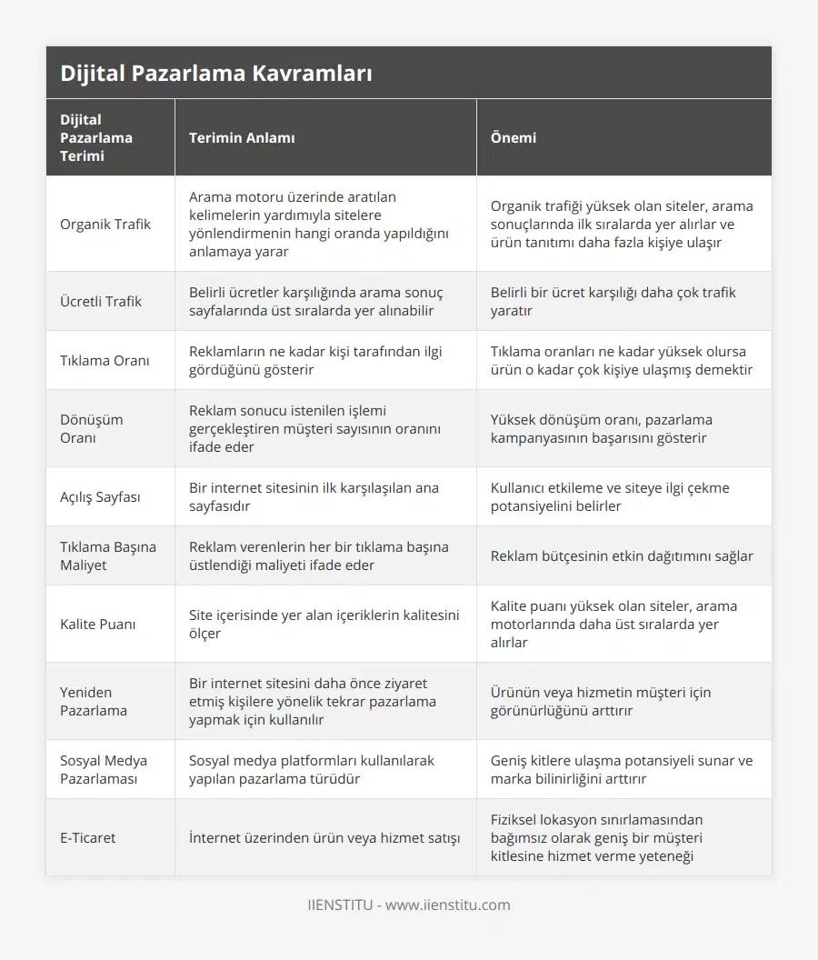 Organik Trafik, Arama motoru üzerinde aratılan kelimelerin yardımıyla sitelere yönlendirmenin hangi oranda yapıldığını anlamaya yarar, Organik trafiği yüksek olan siteler, arama sonuçlarında ilk sıralarda yer alırlar ve ürün tanıtımı daha fazla kişiye ulaşır, Ücretli Trafik, Belirli ücretler karşılığında arama sonuç sayfalarında üst sıralarda yer alınabilir, Belirli bir ücret karşılığı daha çok trafik yaratır, Tıklama Oranı, Reklamların ne kadar kişi tarafından ilgi gördüğünü gösterir, Tıklama oranları ne kadar yüksek olursa ürün o kadar çok kişiye ulaşmış demektir, Dönüşüm Oranı, Reklam sonucu istenilen işlemi gerçekleştiren müşteri sayısının oranını ifade eder, Yüksek dönüşüm oranı, pazarlama kampanyasının başarısını gösterir, Açılış Sayfası, Bir internet sitesinin ilk karşılaşılan ana sayfasıdır, Kullanıcı etkileme ve siteye ilgi çekme potansiyelini belirler, Tıklama Başına Maliyet, Reklam verenlerin her bir tıklama başına üstlendiği maliyeti ifade eder, Reklam bütçesinin etkin dağıtımını sağlar, Kalite Puanı, Site içerisinde yer alan içeriklerin kalitesini ölçer, Kalite puanı yüksek olan siteler, arama motorlarında daha üst sıralarda yer alırlar, Yeniden Pazarlama, Bir internet sitesini daha önce ziyaret etmiş kişilere yönelik tekrar pazarlama yapmak için kullanılır, Ürünün veya hizmetin müşteri için görünürlüğünü arttırır, Sosyal Medya Pazarlaması, Sosyal medya platformları kullanılarak yapılan pazarlama türüdür, Geniş kitlere ulaşma potansiyeli sunar ve marka bilinirliğini arttırır, E-Ticaret, İnternet üzerinden ürün veya hizmet satışı, Fiziksel lokasyon sınırlamasından bağımsız olarak geniş bir müşteri kitlesine hizmet verme yeteneği