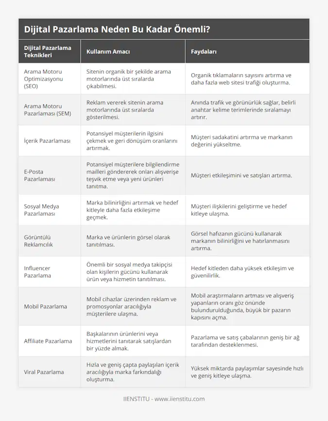 Arama Motoru Optimizasyonu (SEO), Sitenin organik bir şekilde arama motorlarında üst sıralarda çıkabilmesi, Organik tıklamaların sayısını artırma ve daha fazla web sitesi trafiği oluşturma, Arama Motoru Pazarlaması (SEM), Reklam vererek sitenin arama motorlarında üst sıralarda gösterilmesi, Anında trafik ve görünürlük sağlar, belirli anahtar kelime terimlerinde sıralamayı artırır, İçerik Pazarlaması, Potansiyel müşterilerin ilgisini çekmek ve geri dönüşüm oranlarını artırmak, Müşteri sadakatini artırma ve markanın değerini yükseltme, E-Posta Pazarlaması, Potansiyel müşterilere bilgilendirme mailleri göndererek onları alışverişe teşvik etme veya yeni ürünleri tanıtma, Müşteri etkileşimini ve satışları artırma, Sosyal Medya Pazarlaması, Marka bilinirliğini artırmak ve hedef kitleyle daha fazla etkileşime geçmek, Müşteri ilişkilerini geliştirme ve hedef kitleye ulaşma, Görüntülü Reklamcılık, Marka ve ürünlerin görsel olarak tanıtılması, Görsel hafızanın gücünü kullanarak markanın bilinirliğini ve hatırlanmasını artırma, Influencer Pazarlama, Önemli bir sosyal medya takipçisi olan kişilerin gücünü kullanarak ürün veya hizmetin tanıtılması, Hedef kitleden daha yüksek etkileşim ve güvenilirlik, Mobil Pazarlama, Mobil cihazlar üzerinden reklam ve promosyonlar aracılığıyla müşterilere ulaşma, Mobil araştırmaların artması ve alışveriş yapanların oranı göz önünde bulundurulduğunda, büyük bir pazarın kapısını açma, Affiliate Pazarlama, Başkalarının ürünlerini veya hizmetlerini tanıtarak satışlardan bir yüzde almak, Pazarlama ve satış çabalarının geniş bir ağ tarafından desteklenmesi, Viral Pazarlama, Hızla ve geniş çapta paylaşılan içerik aracılığıyla marka farkındalığı oluşturma, Yüksek miktarda paylaşımlar sayesinde hızlı ve geniş kitleye ulaşma
