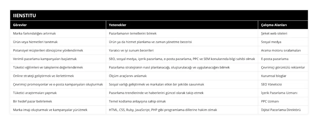 Marka farkındalığını artırmak, Pazarlamanın temellerini bilmek, Şirket web siteleri, Ürün veya hizmetleri tanıtmak, Ürün ya da hizmet planlama ve zaman yönetme becerisi, Sosyal medya, Potansiyel müşterileri dönüşüme yönlendirmek, Yaratıcı ve iyi sunum becerileri, Arama motoru sıralamaları, Verimli pazarlama kampanyaları başlatmak, SEO, sosyal medya, içerik pazarlama, e-posta pazarlama, PPC ve SEM konularında bilgi sahibi olmak, E-posta pazarlama, Tüketici eğilimleri ve taleplerini değerlendirmek, Pazarlama stratejisinin nasıl planlanacağı, oluşturulacağı ve uygulanacağını bilmek, Çevrimiçi görüntülü reklamlar, Online strateji geliştirmek ve ilerlettirmek, Ölçüm araçlarını anlamak, Kurumsal bloglar, Çevrimiçi promosyonlar ve e-posta kampanyaları oluşturmak, Sosyal varlığı geliştirmek ve markaları etkin bir şekilde savunmak, SEO Yöneticisi, Tüketici araştırmaları yapmak, Pazarlama trendlerinde ve haberlerini güncel olarak takip etmek, İçerik Pazarlama Uzmanı, Bir hedef pazar belirlemek, Temel kodlama anlayışına sahip olmak, PPC Uzmanı, Marka imajı oluşturmak ve kampanyalar yürütmek, HTML, CSS, Ruby, JavaScript, PHP gibi programlama dillerine hakim olmak, Dijital Pazarlama Direktörü