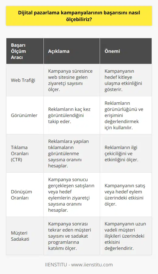 Başarıyı ölçmek için, bir dijital pazarlama kampanyasının çeşitli araçları kullanılabilir. Bunlar arasında en çok kullanılanlar: web trafiği, görünümler, tıklama oranları, başarılı tıklamalar, geri dönüş oranları, etkileşim oranları, sosyal etkileşimler, referans trafiği, arama motoru sıralaması, satışlar ve müşteri sadakatidir. Bu araçların her biri kampanyanın başarısının ölçülmesinde farklı bir rol oynayabilir. Ayrıca, bir dijital pazarlama kampanyasının başarısını ölçmek için kullanılan diğer araçlar arasında anketler, ekonomik karşılaştırmalar, performans raporları ve çeşitli dijital göstergeler vardır.
