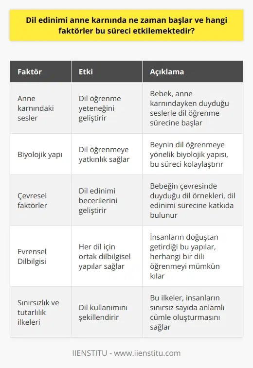 Dil Edinimi Başlama Zamanı Ve Etkileyen Faktörler  Dil edinimi, anne karnında başlar ve çeşitli faktörler bu süreç üzerinde etkili olmaktadır. Anne karnındayken duyulan sesler, bebeğin dil öğrenme yeteneğini geliştirmeye yardımcı olur. Bu süreçte dışsal faktörlerin etkisi yetersiz olabilir, ancak Evrensel Dilbilgisi kavramı sayesinde insanlar çok çeşitli dil yapılarını öğrenebilir ve kullanabilir.   Biyolojik ve Çevresel Faktörler  Dil öğrenme yetisine sahip olan insanlar, çevresel faktörlerden de yararlanarak dil edinimi becerilerini geliştirmektedir. Bu süreçte, beynin dil öğrenmeye yönelik biyolojik yapısı ve bebeğin çevresinde duyduğu dil örnekleri önemli rol oynamaktadır. Ayrıca, insanların dilbilgisel kurallara göre ve çeşitli kelimeler kullanarak sınırsız sayıda cümle yapısı oluşturma yeteneği, bu sürece katkıda bulunan önemli bir faktördür.  Evrensel Dilbilgisi Kavramı  Ünlü dilbilimci Noam Chomsky tarafından ortaya atılan Evrensel Dilbilgisi kavramı, insanların sahip olduğu dil öğrenme yeteneğini açıklamak için kullanılır. Bu kavramın temelinde, insanların doğuştan getirdiği ve her dil için ortak olan dilbilgisel yapılar bulunmaktadır. Bu yapılar sayesinde, insanlar herhangi bir dili öğrenebilir ve kullanabilir.  Sınırsızlık ve Tutarlılık İlkeleri  İnsan dilinin iki temel kuralı olan sınırsızlık ve tutarlılık ilkeleri, dil edinimi sürecinde önemli rol oynamaktadır. Sınırsızlık ilkesi, insanların sınırlı sayıda dil araçlarıyla sınırsız sayıda eylemde bulunabileceğini ifade ederken, tutarlılık ilkesi akıl sağlığı yerinde olan bir insanın mantıklı cümleler kurabilme yetisini vurgulamaktadır.   Sonuç olarak, dil edinimi anne karnında başlamakta ve insanın yaşamı boyunca devam etmektedir. Bu süreçte, biyolojik yapı, çevresel faktörler, Evrensel Dilbilgisi kavramı, sınırsızlık ve tutarlılık ilkeleri gibi birçok faktör etkili olmaktadır. Bu sayede insanlar, dünya üzerindeki binlerce farklı dilin yapılarını öğrenebilir ve kullanabilir.