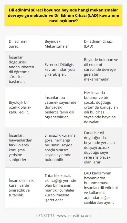 Dil Edinimi Süreci ve Beyindeki Mekanizmalar  Dil edinimi, insanın dünyada yaşamasını mümkün kılan önemli şeylerden biridir. İnsanlar, doğdukları andan itibaren dil öğrenme sürecine başlarlar. Peki, dil edinimi süreci boyunca beyinde hangi mekanizmalar devreye girmekte ve Dil Edinim Cihazı (LAD) kavramını nasıl açıklarız?  Beyindeki Dil Edinim Mekanizmaları  Dil edinimi sürecinde beyindeki mekanizmalar, öncelikle Evrensel Dilbilgisi kavramından yola çıkarak işler. Bu kavram, herhangi bir soru, dilbilgisel kural ve sözcüklerle sınırsız sayıda ve daha önce yapılmamış bir şekilde kurulabileceğini öne sürer. Dil edinimi, biyolojik bir özellik olarak kabul edilir ve insanlar, bu yetenek sayesinde dünyadaki binlerce farklı dili öğrenebilirler.  Ünlü dilbilimci Noam Chomsky, bu kuramı insanların hayvanlardan farklı olarak sahip olduğu konuşma yetisini açıklamak için kullanır. Chomsky, insan dilinin iki kuralına işaret eder: Sınırsızlık ve tutarlılık. Sınırsızlık kuralına göre, herhangi biri sınırlı sayıda araçla sınırsız sayıda eylemde bulunabilir. Diğer yandan, tutarlılık kuralı ise, akıl sağlığı yerinde olan bir insanın mantıklı cümleler kurabilmesine işaret eder.  Dil Edinim Cihazı (LAD) Kavramı  Dil Edinim Cihazı (LAD), beyinde bulunan ve dil edinimi sürecinde devreye giren bir mekanizmadır. Bu mekanizma, her insanda bulunur ve bir çocuk, doğduğu ortamda konuşulan dili bu cihaz sayesinde beynine dosyalar. Farklı bir dil duyduğunda ise beyninde yer alan dosyayı açarak duyduğu şeye referans olacak olanı arar. Bu şekilde o dil için de bir klasör açılır. LAD kavramının hayvanlarda bulunmaması, insanların dil edinimi ve kullanımı açısından onları diğer canlılardan ayıran önemli bir faktördür.  Anlamsız Fakat Dilbilgisi Kurallarına Uygun Cümleler  Dil edinimi süreci ve beyindeki mekanizmalar sayesinde, herhangi bir dilde anlamsız fakat dilbilgisi kurallarına uygun cümleler kurmak da mümkün olabilir. Bu tür cümlelerin yapıları dilin kurallarına uygundur, ancak anlam açısından mantıklı değildir. Bu durum, insanların dil yeteneklerinin ve LAD kavramının karmaşıklığını ve ilginçliğini gösterir.  Sonuç olarak, dil edinimi süreci boyunca beyinde devreye giren mekanizmalar ve Dil Edinim Cihazı (LAD) kavramı, insanların dünyadaki binlerce farklı dili öğrenebilme yeteneklerine işaret etmektedir. Bu sayede insanlar, düşüncelerini ifade etme ve iletişim kurma konusunda hayvanlardan farklı bir konumda bulunurlar.