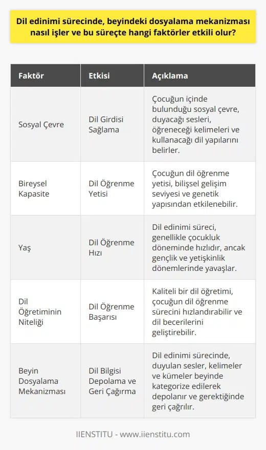 Dil edinimi sürecinde, beyindeki dosyalama mekanizması; dil öğrenme eylemi sırasında duyulan seslerin, kelimelerin ve kümelerin beyinde kategorize edilerek depolanması ve gerektiğinde bu bilgilerin geri çağrılması şeklinde işler. Bu süreç sonucunda kişi, konuşma ve dil yeteneğine sahip olur.  Bu süreçte birden fazla faktör etkilidir. İlk olarak, çocuğun içinde bulunduğu sosyal çevrenin dil öğrenme sürecinde önemli bir etkisi vardır. Bu çevre, çocuğun duyacağı seslerin, öğreneceği kelimelerin ve kullanacağı dil yapılarının belirlenmesinde ana etken olan bir kaynaktır. İnsan beynini çevreden gelen dil bilgisi ile besler ve bu bilgiyi depolar.  İkinci olarak, çocuğun bireysel kapasitesi, beynin dil öğrenme mekanizmasını çalıştırmada önemli bir faktördür. Yani, çocuğun dil öğrenme yetisi, çocuğun bilişsel gelişim seviyesi ve genetik yapısından da etkilenebilir.   Üçüncü olarak, çocuğun yaşı, çocuğun yeni bir dil öğrenme kabiliyetini belirler. Dil edinimi süreci, genellikle çocukluk döneminde hızlıdır ve çocuğun beyni yeni dil bilgilerini hızla öğrenir ve depolar. Ancak, bu süreç gençlik ve yetişkinlik dönemlerinde yavaşlar.   Son olarak, dil öğretiminin niteliği, çocuğun dil öğrenme yeteneğini belirler. Kaliteli bir dil öğretimi, çocuğun dil öğrenme sürecini hızlandırabilir ve çocuğun dil becerilerini geliştirebilir.   Dil öğrenme sürecinde etkili olan tüm bu faktörler, insan beynindeki dil dosyalama mekanizmasının iyi bir şekilde çalışmasını ve dil edinim sürecinin başarılı olmasını sağlar. Bu bilgiler ışığında, dil öğrenmek ve çeşitliliği oluşturmak için gerekli olan çok sayıda faktörü anlamak, bireylerin ve toplumların dil becerilerini geliştirmek için önemli bir adımdır.
