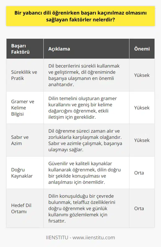 Yabancı bir dil öğrenmekte başarıya ulaşmayı kaçınılmaz kılan birçok faktör bulunmaktadır. Bu faktörlerin başında, süreklilik, pratik yapma, gramer ve kelime bilgisine sahip olma, dil öğrenme sürecinde sabır ve azimle çalışma, doğru kaynaklardan eğitimsel destek almak gelmektedir. Dil becerilerini sürekli kullanmak ve geliştirmek, dil öğreniminde başarıya ulaşmanın en önemli anahtarıdır. Ayrıca, dil öğrenme sürecinde hata yapma korkusunu aşmak, bu sürecin bir parçası olarak kabul edilmesi gereken bir husustur. Hatalar, aslında dil becerilerimizi geliştirebilmemiz için gereklidir ve bu hatalardan ders çıkarıp onları düzeltmek, öğrenme sürecini daha etkili hale getirmektedir.  Diğer bir önemli faktör, dil öğrenirken kullanılan kaynakların kalitesidir. Doğru ve güvenilir kaynaklar kullanarak öğrenilen dilin doğru bir biçimde konuşulması ve anlaşılması büyük önem taşır. Mümkün olduğunca, o dilin anadili olan kişilerden ya da alanında uzman eğitmenlerden ders almak öğrenme sürecini hızlandıracaktır.  Öğrenme sürecinde, dilin konuşulduğu bir çevrede bulunmak da oldukça önemli bir faktördür. Bu, özellikle dilin telaffuz özelliklerini doğru şekilde öğrenmek ve günlük hayatta dilin kullanılma biçimini gözlemlemek için vazgeçilmez bir fırsattır. Bu faktör, özellikle Türkiyede yabancı dil öğrenme oranının düşük olduğu durumlarda öne çıkar.   Sonuç olarak, yabancı bir dil öğrenirken başarı, en doğru ve etkili öğrenme süreçlerinin uygulanması sonucunda kaçınılmaz hale gelir. Kendi dilimiz hakkında bile her gün yeni bir şey öğreniyor olmamız, yabancı bir dilin hiçbir zaman tamamen öğrenilemeyeceği, bu sürecin aslında sürekli bir gelişim ve öğrenim olduğu gerçeğini bizlere hatırlatmaktadır.