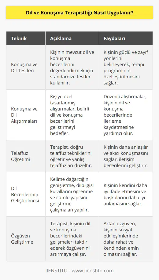 Dil ve Konuşma Terapistliği, bir kişinin dil ve konuşma becerilerini geliştirmek için kullanılan bir yaklaşımdır. Terapist, kişinin konuşma ve dil becerilerini geliştirmek için bir takım teknikleri ve araçları kullanır. Bu teknikler arasında, kişinin konuşma ve dil becerilerini ölçmek için konuşma ve dil testleri, konuşma ve dil alıştırmaları, konuşma ve nın öğretilmesi, dil becerilerinin geliştirilmesi, özgüven geliştirme, ve daha fazlası sayılabilir. Terapist, kişinin konuşma ve dil becerilerini geliştirmek için özel olarak tasarlanmış bir program takip eder. Program, düzenli denetimlerle kişinin konuşma ve dil becerilerini geliştirmesini sağlamak için öneriler, ölçümler ve öneriler içerir.